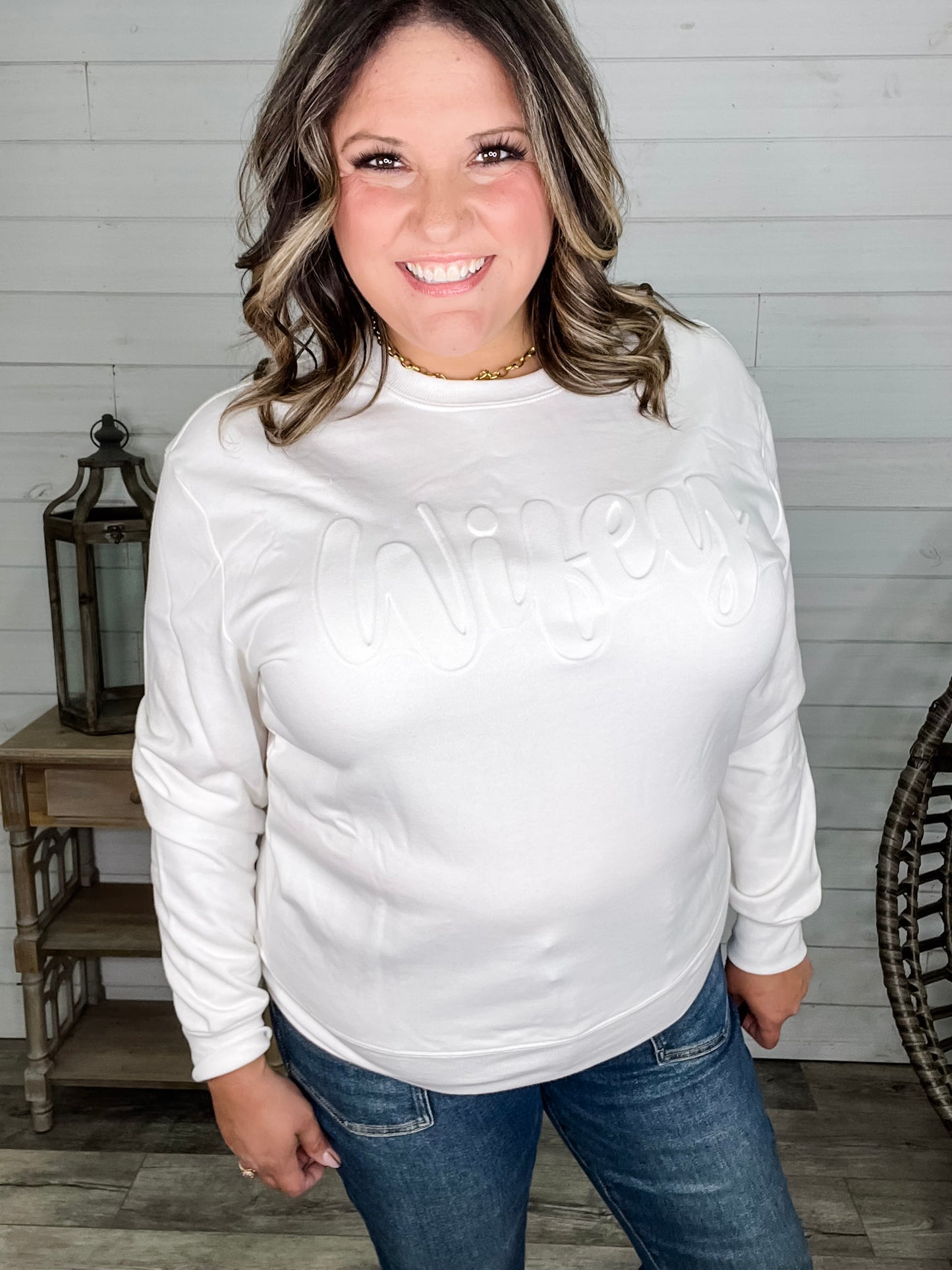 "Wifey" Embossed Crewneck Sweatshirt