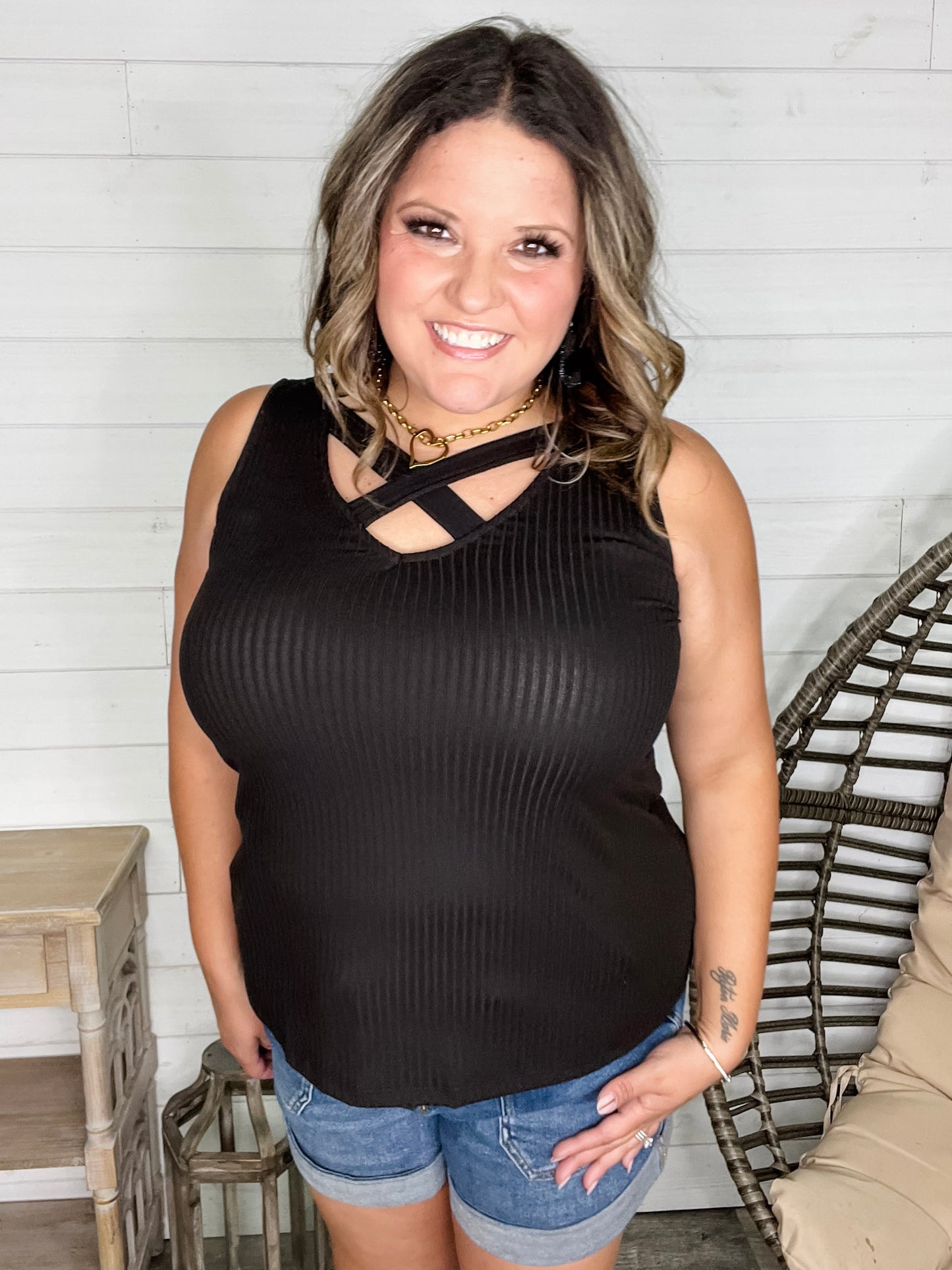 "Everett" Ribbed Tank Top With Criss Cross Front (Black)