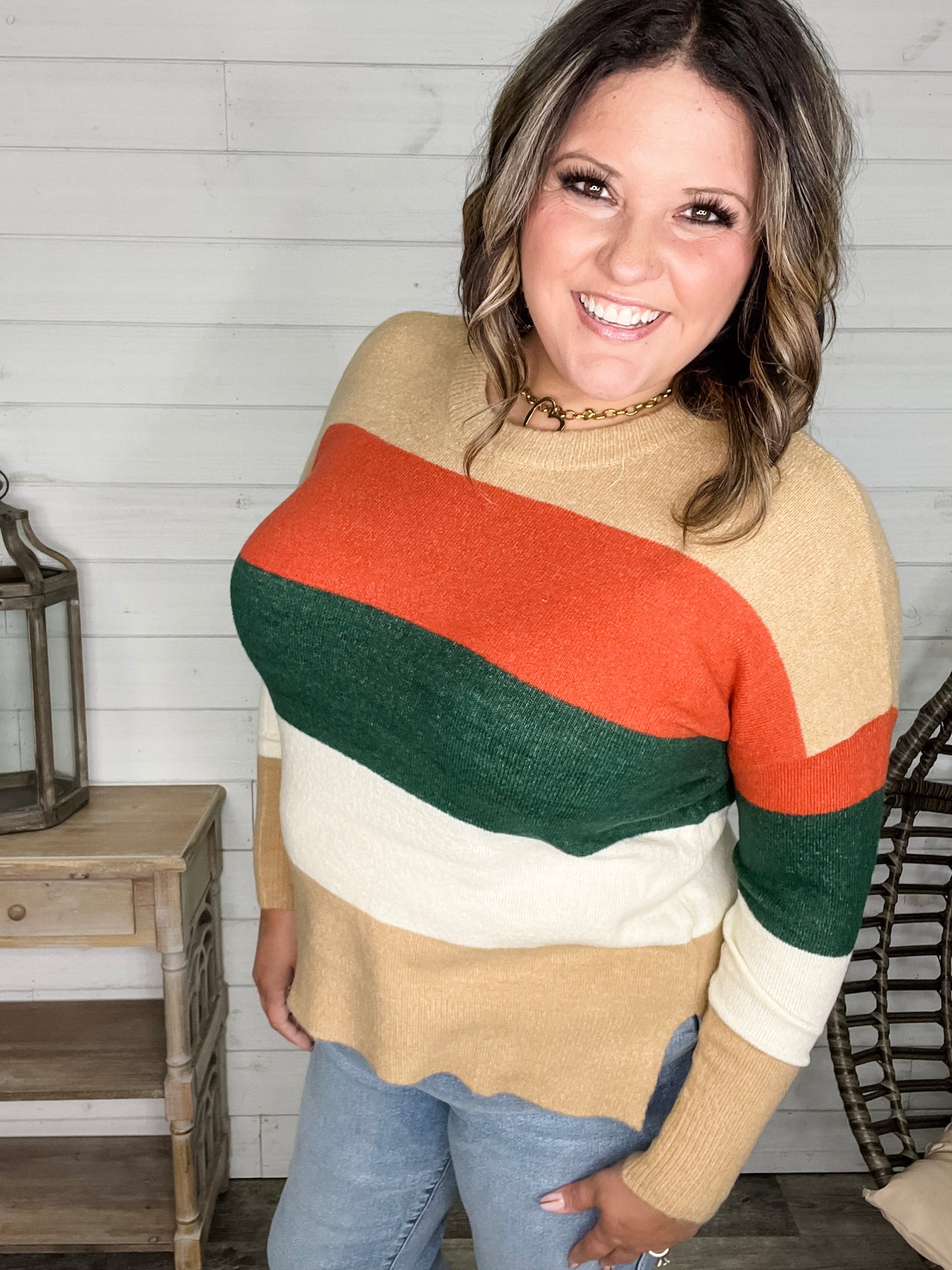 "Lindy" Long Sleeve Round Neck Stripe Sweater