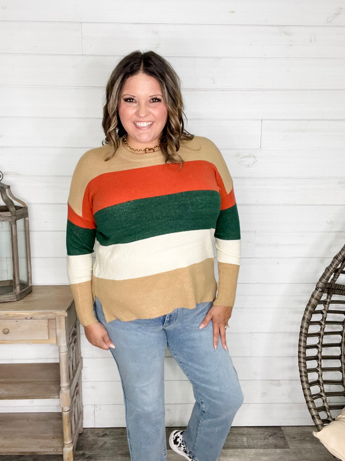 "Lindy" Long Sleeve Round Neck Stripe Sweater