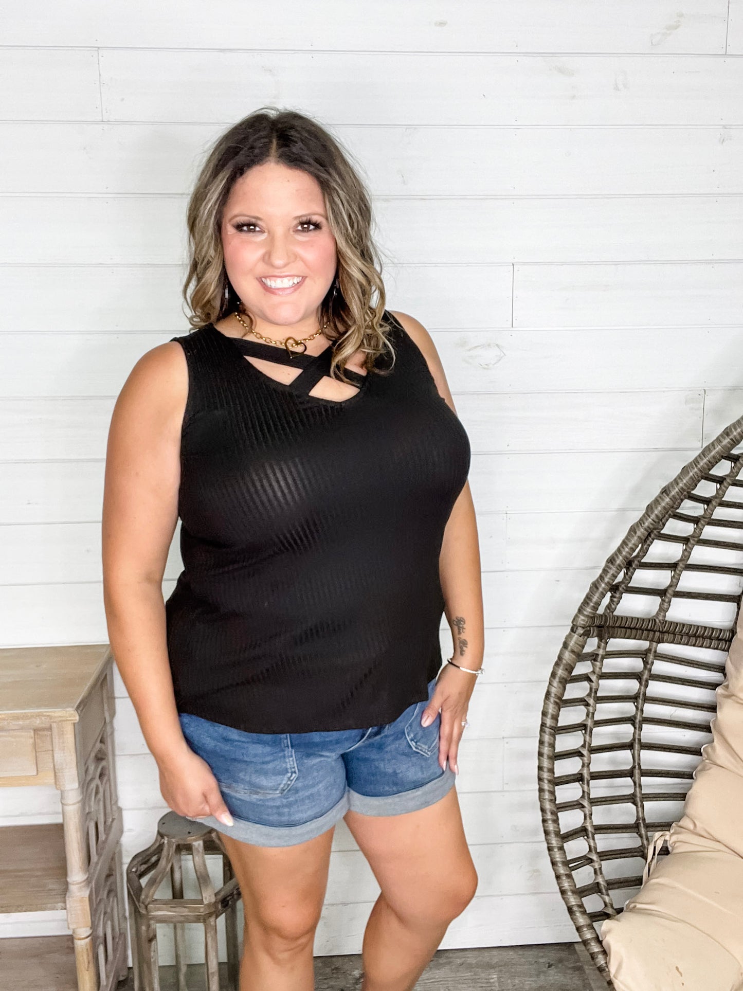 "Everett" Ribbed Tank Top With Criss Cross Front (Black)