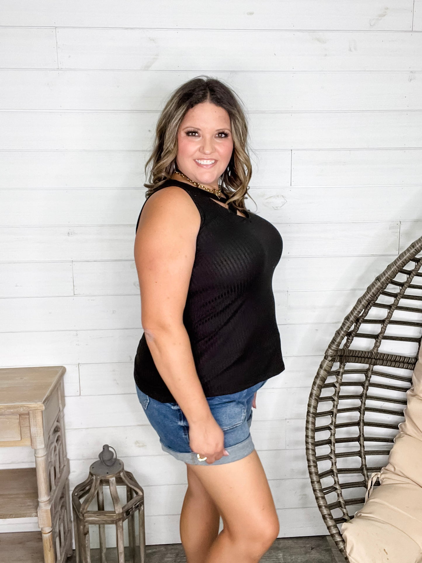 "Everett" Ribbed Tank Top With Criss Cross Front (Black)