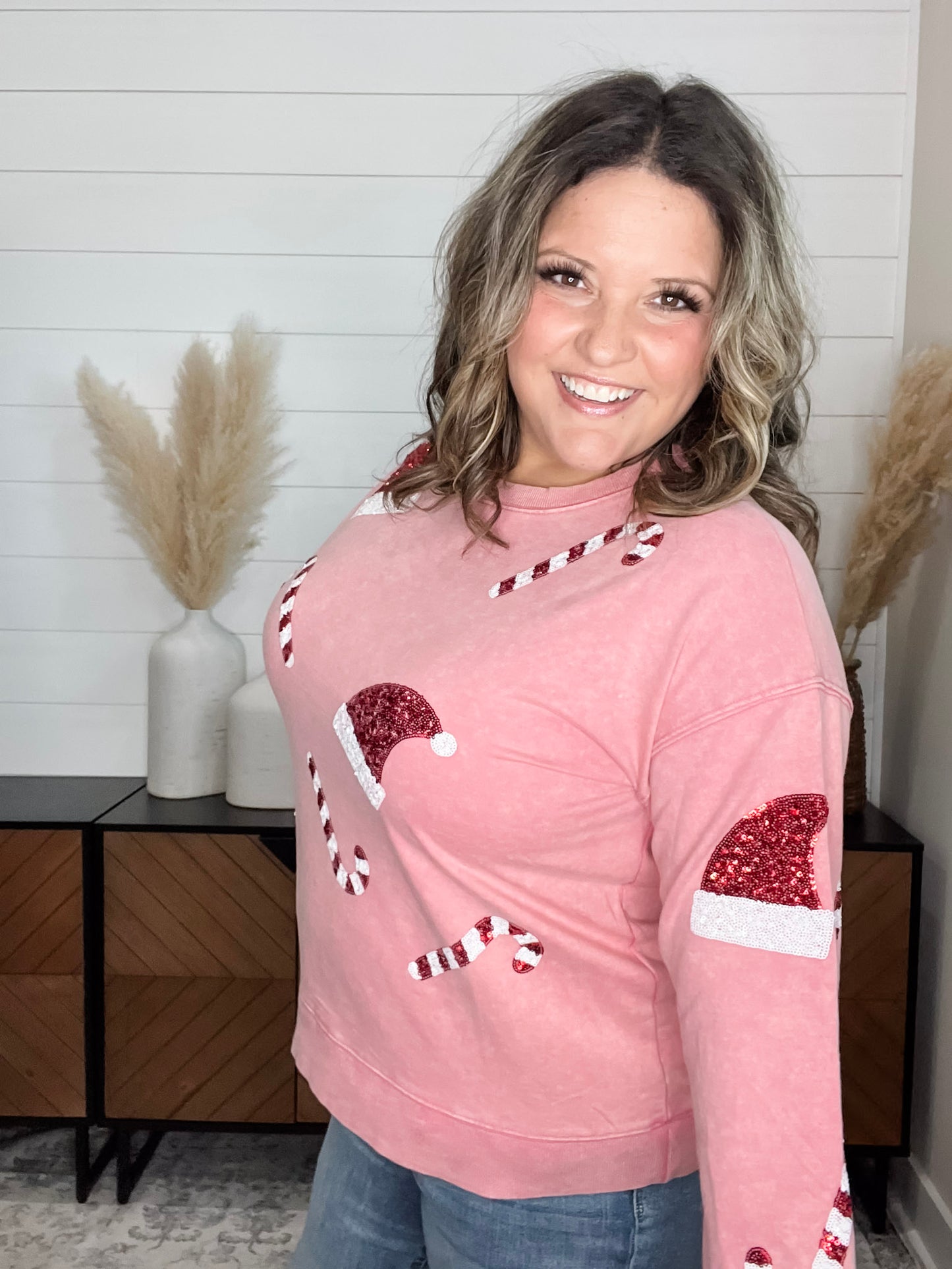 Sequin Candy Cane & Hat Long Sleeve