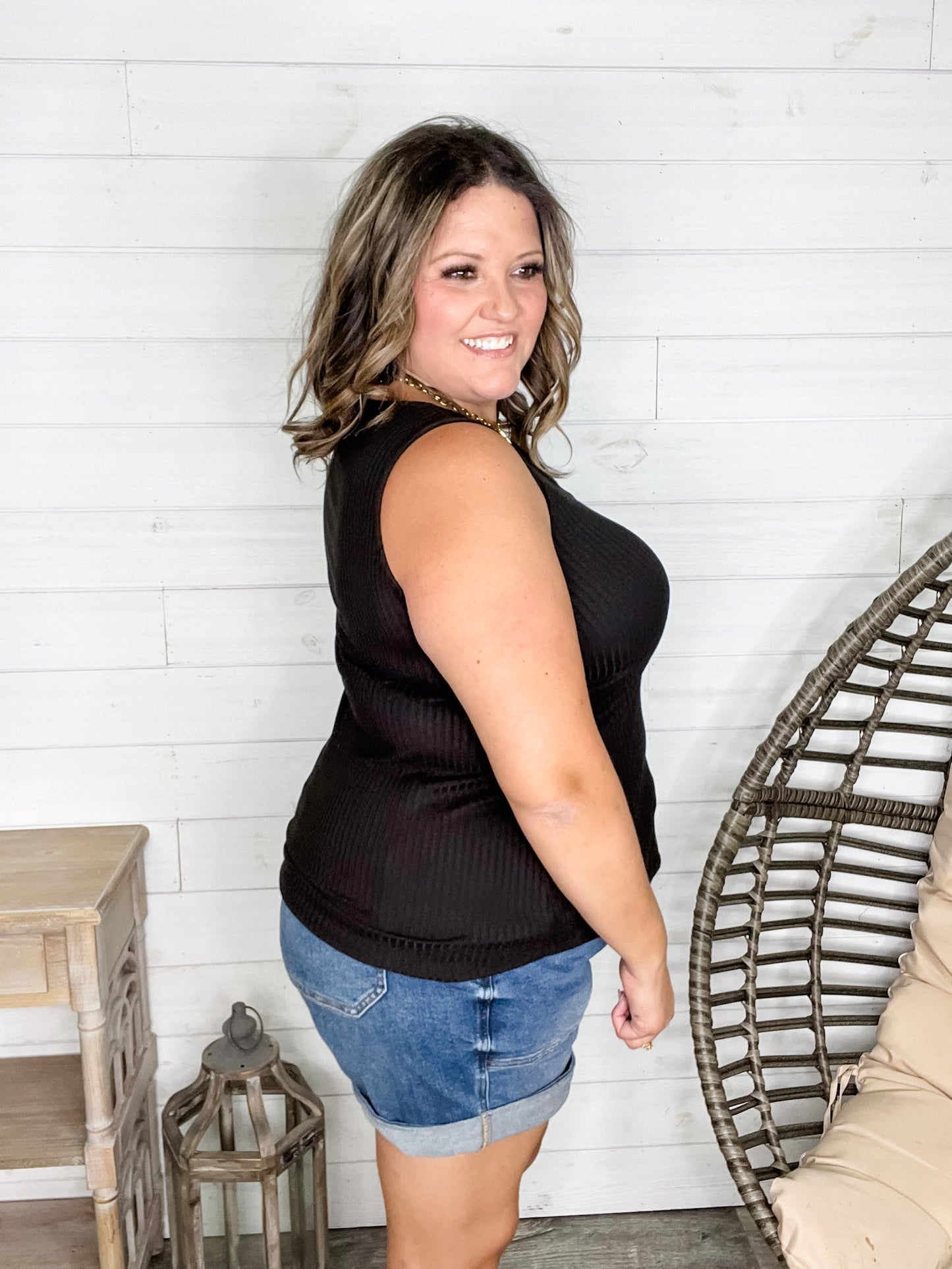 "Everett" Ribbed Tank Top With Criss Cross Front (Black)