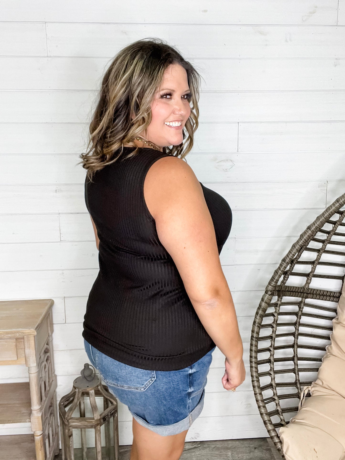 "Everett" Ribbed Tank Top With Criss Cross Front (Black)