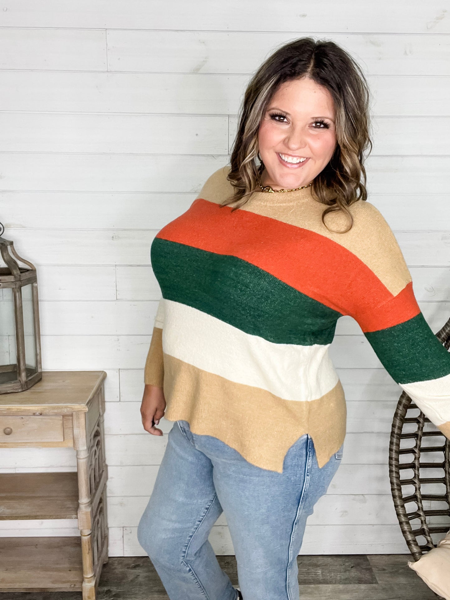 "Lindy" Long Sleeve Round Neck Stripe Sweater