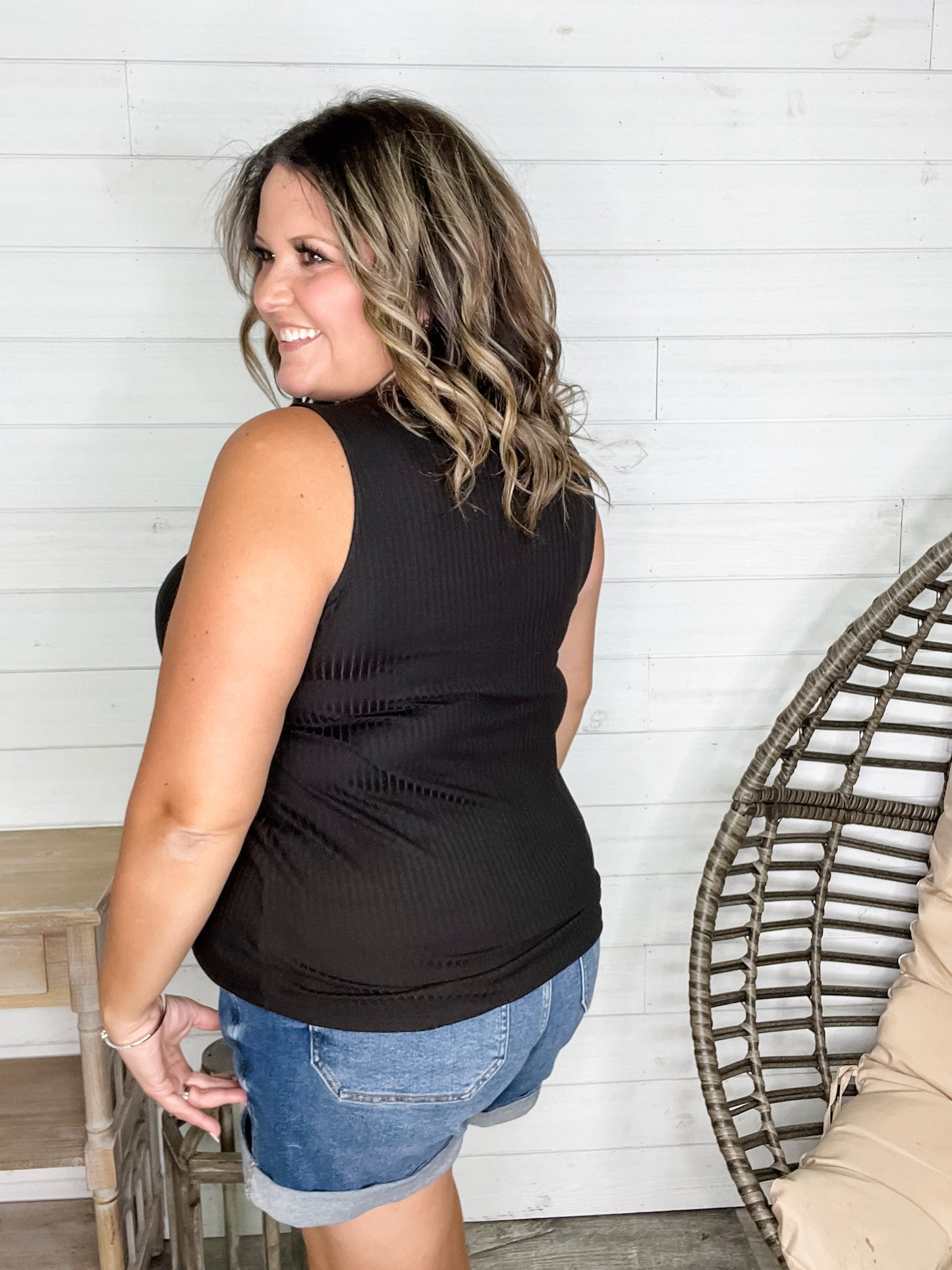 "Everett" Ribbed Tank Top With Criss Cross Front (Black)