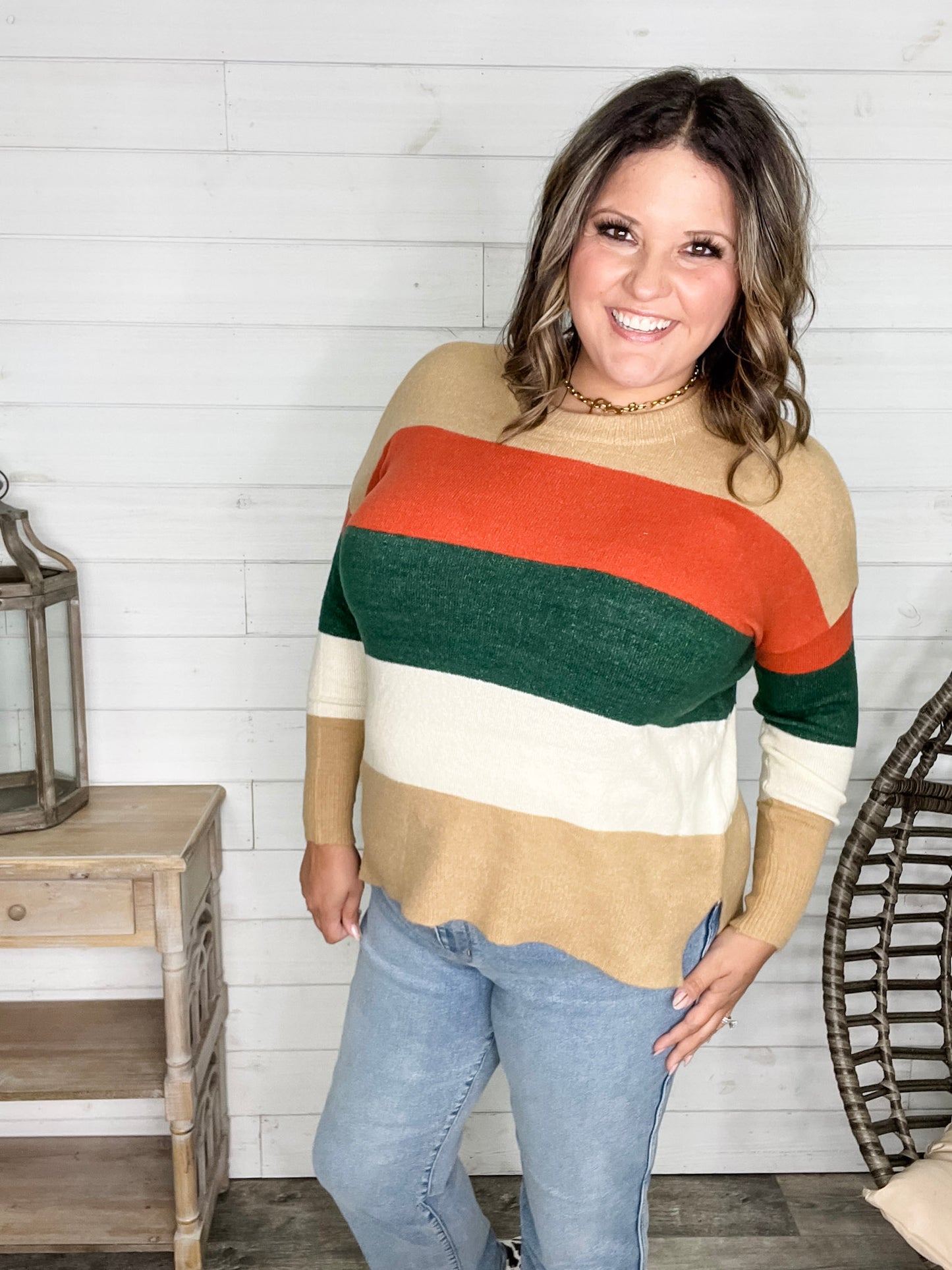 "Lindy" Long Sleeve Round Neck Stripe Sweater