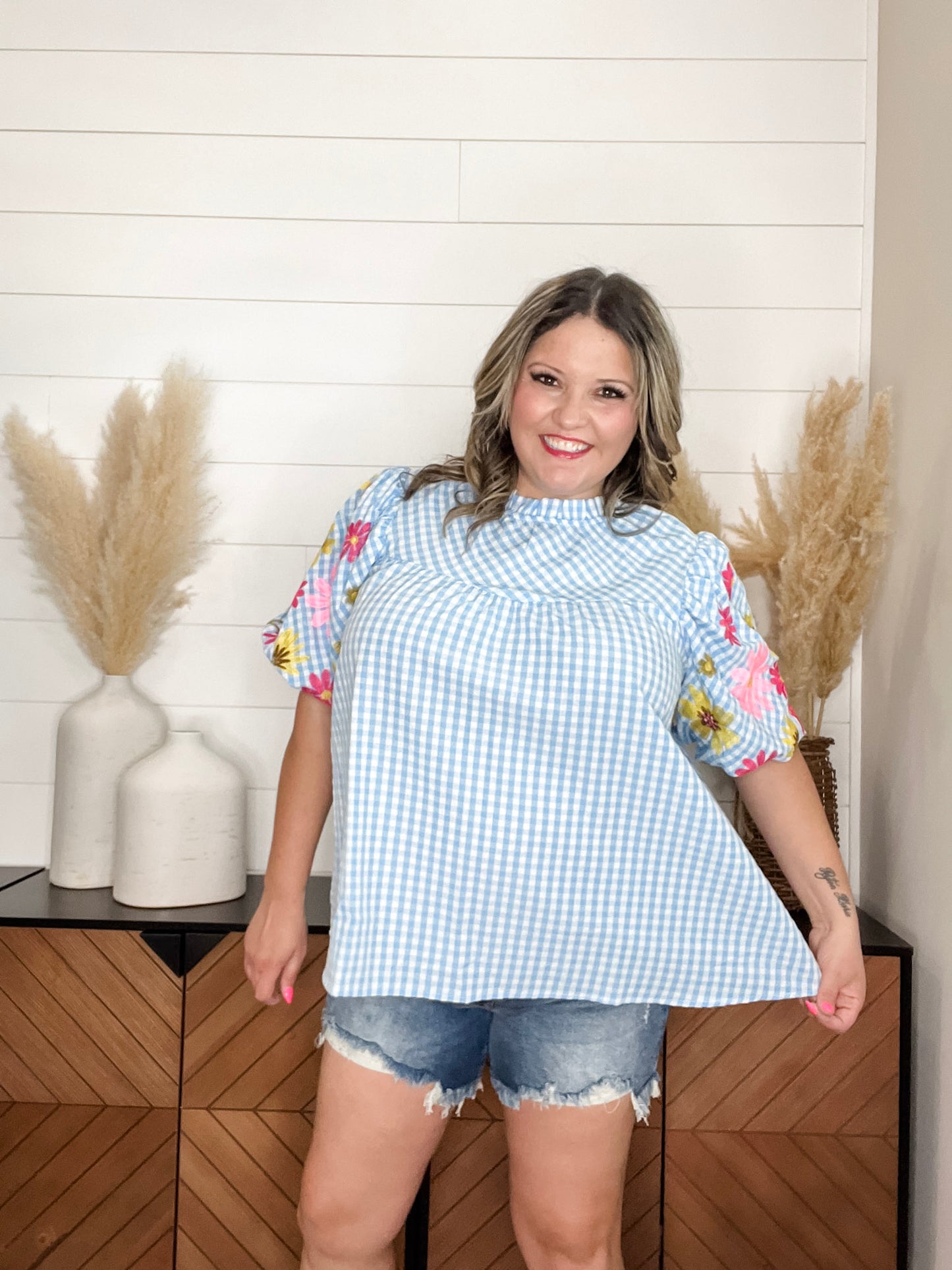 "Becker" Gingham Embroidered Bubble Sleeve