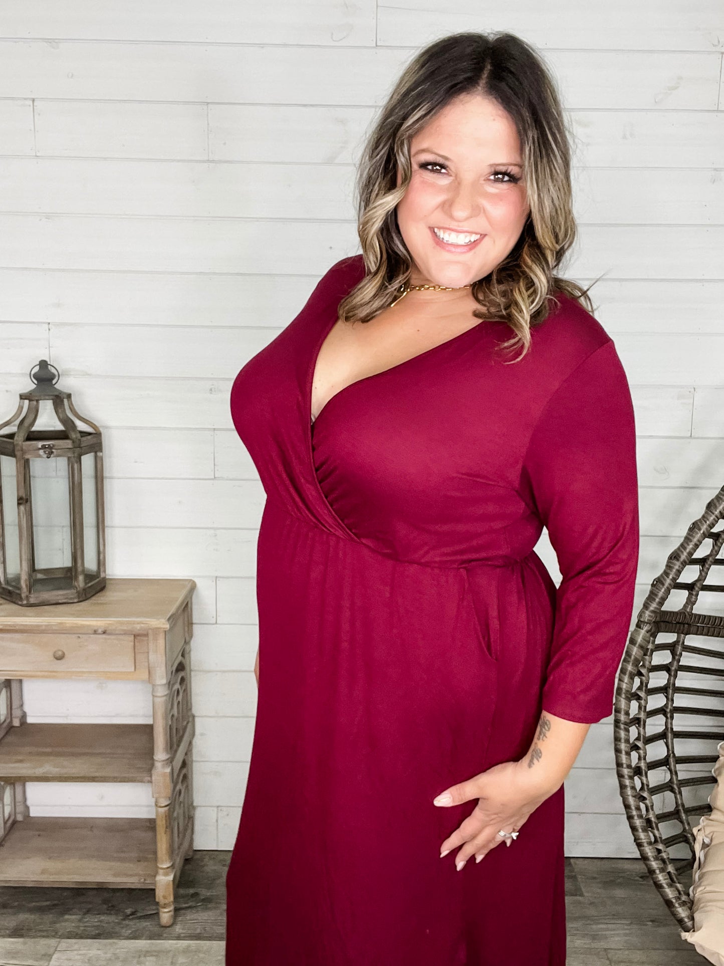 Solid 3/4 Sleeve Wrap Dress with Pockets (Burgundy)
