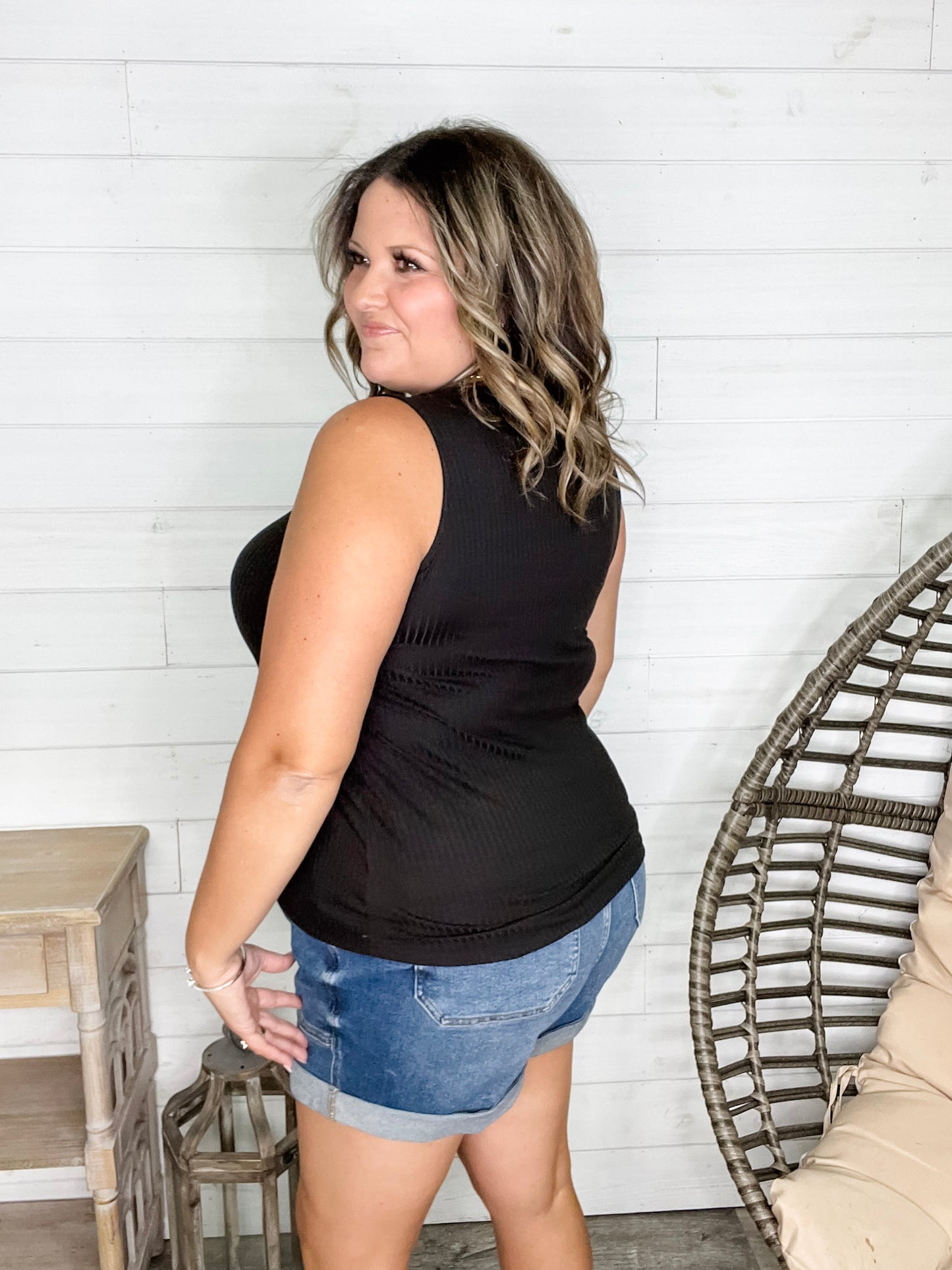 "Everett" Ribbed Tank Top With Criss Cross Front (Black)