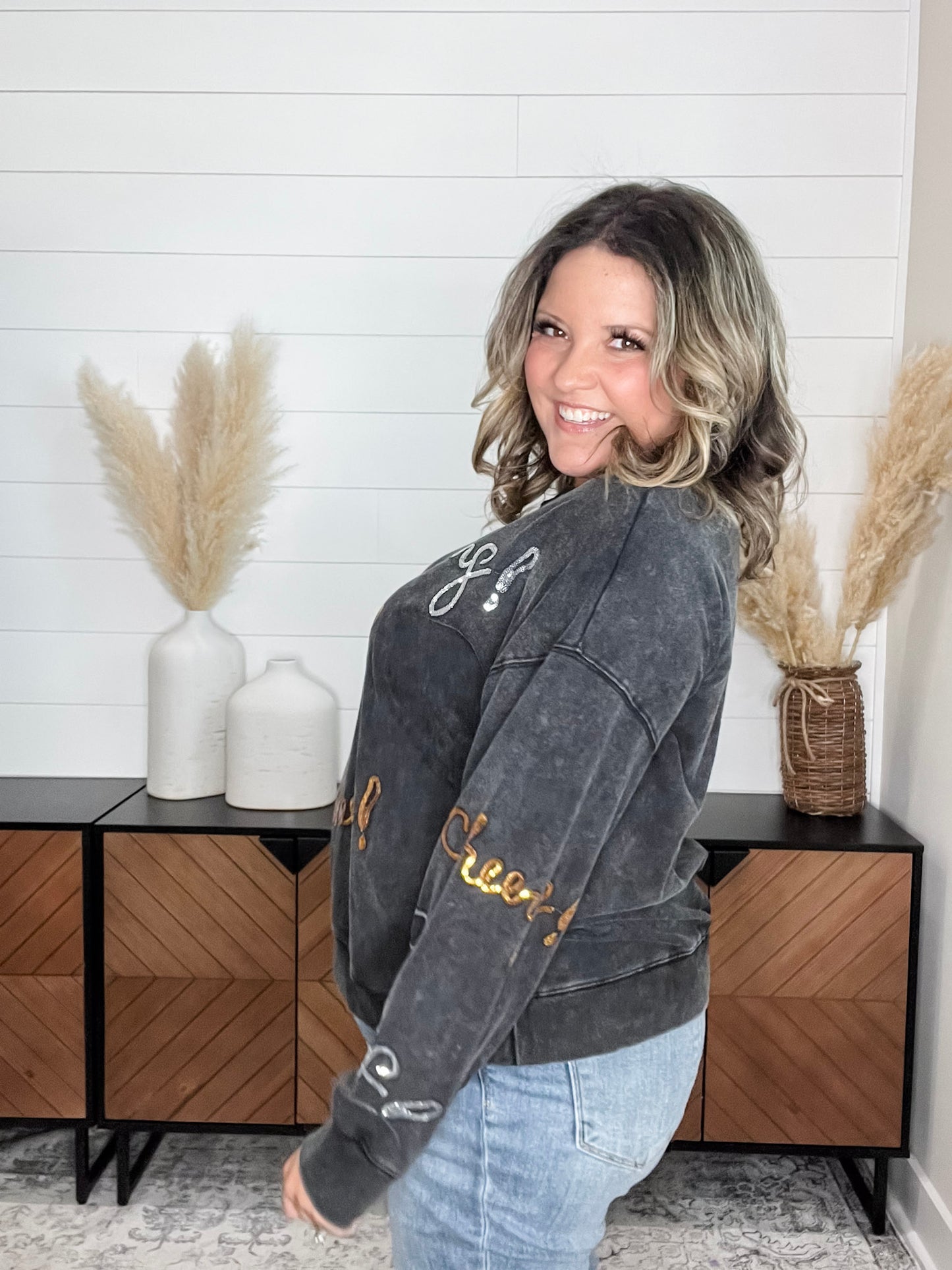 Sequin Cheers Long Sleeve (Black)