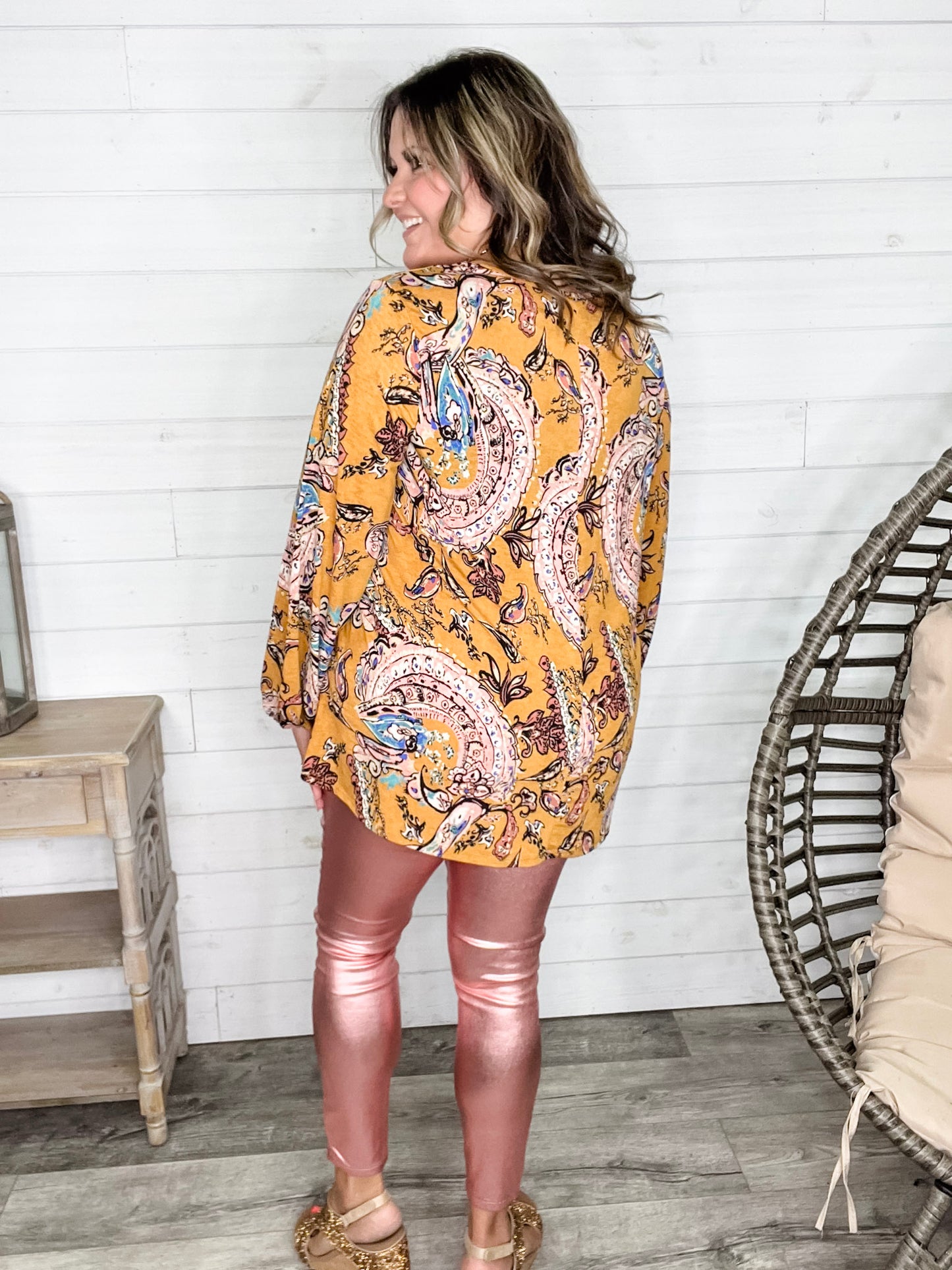 "Nova" Long Balloon Sleeve Paisley V Neck