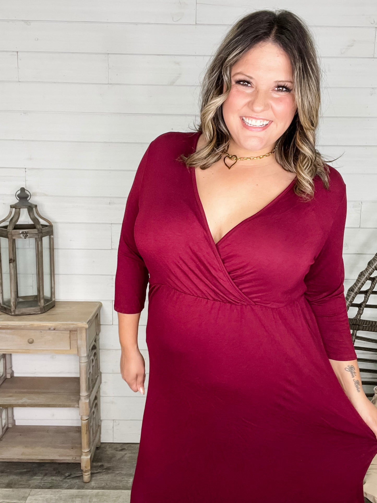 Solid 3/4 Sleeve Wrap Dress with Pockets (Burgundy)