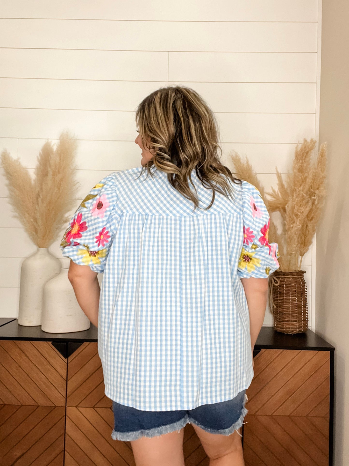 "Becker" Gingham Embroidered Bubble Sleeve