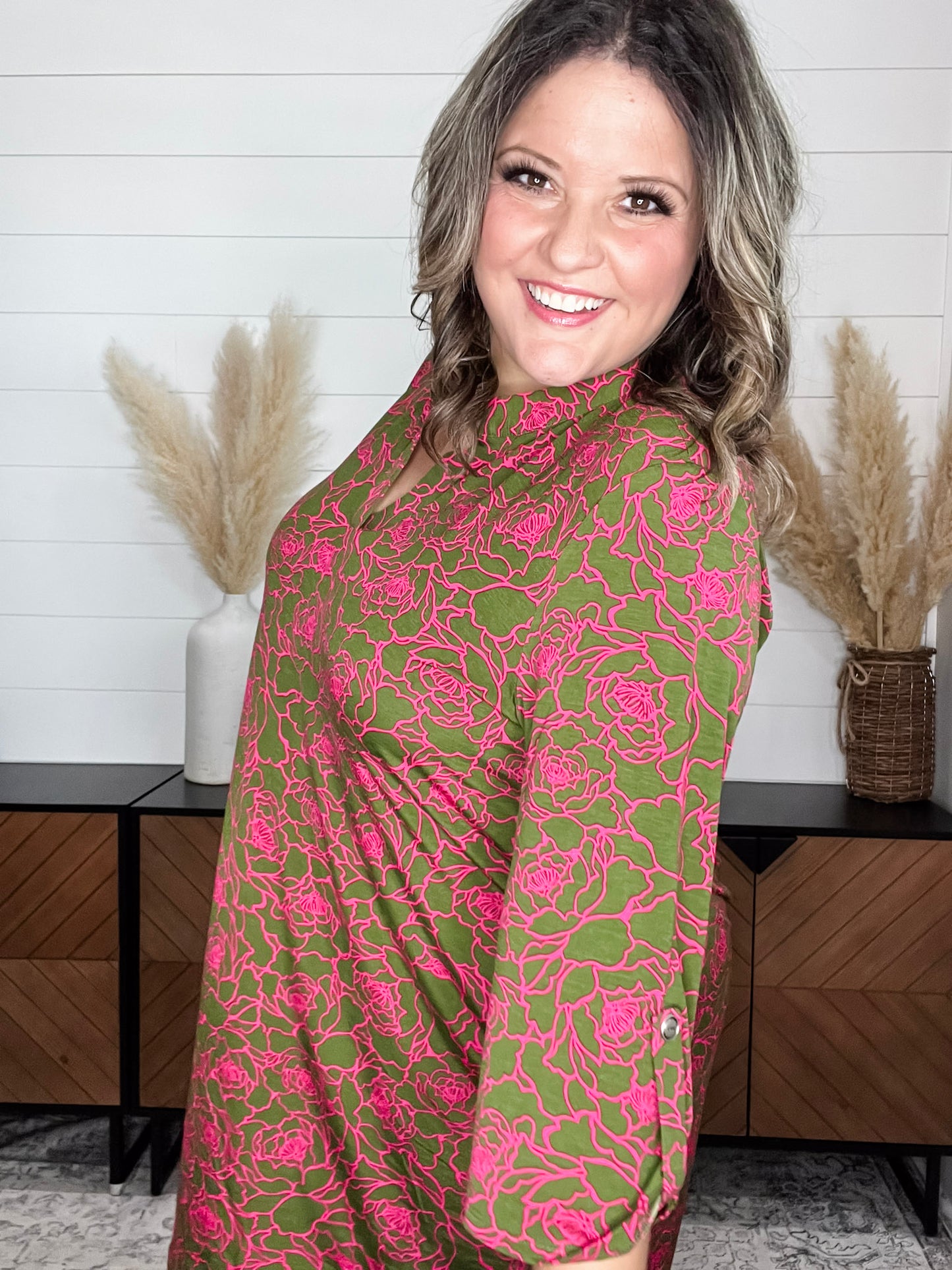 Dear Scarlett "Magnesium" 3/4 Sleeve Split Neck Dress with Pockets