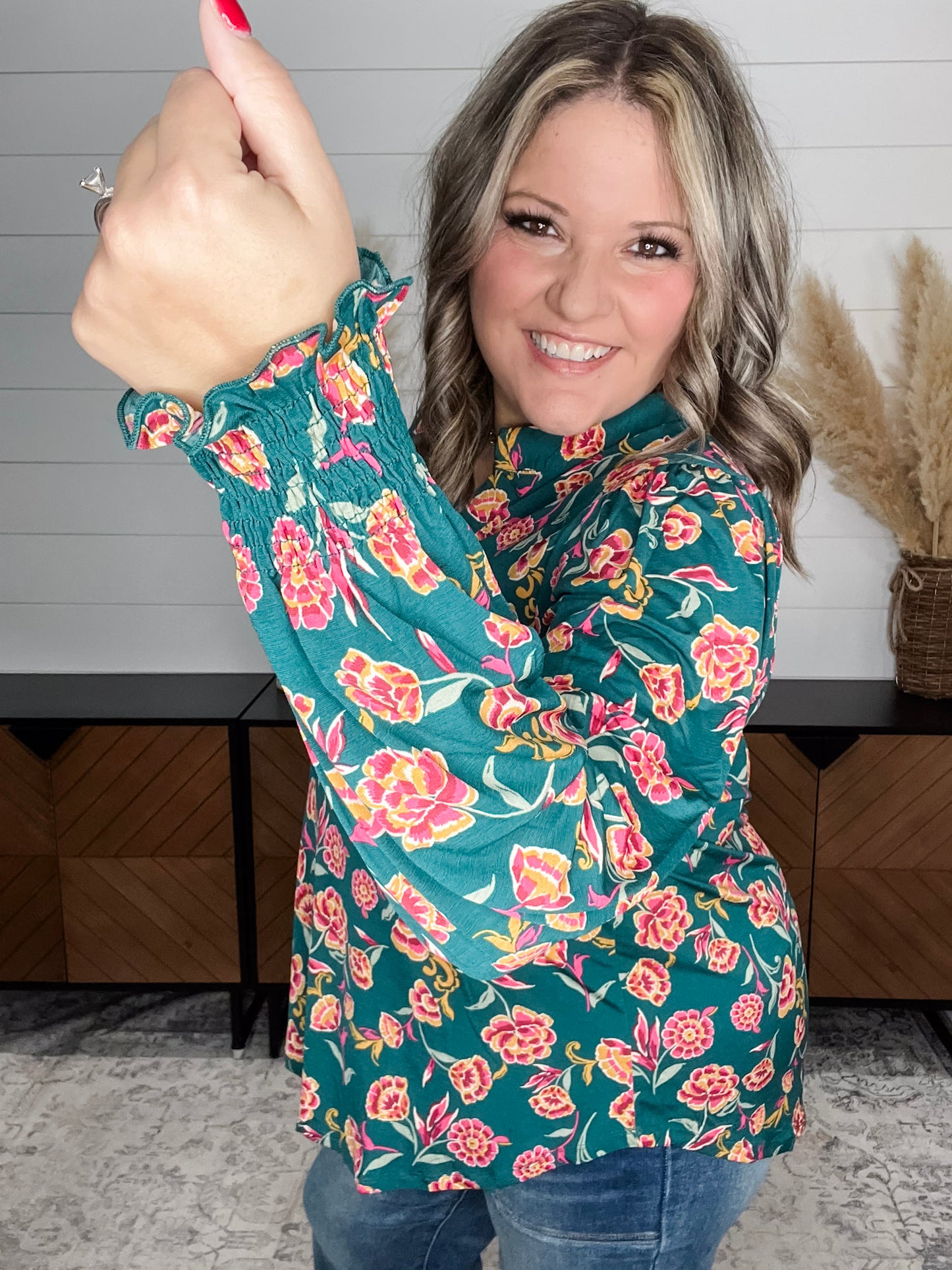 "Fayetteville" Smocked Wrist Long Sleeve Split Neck
