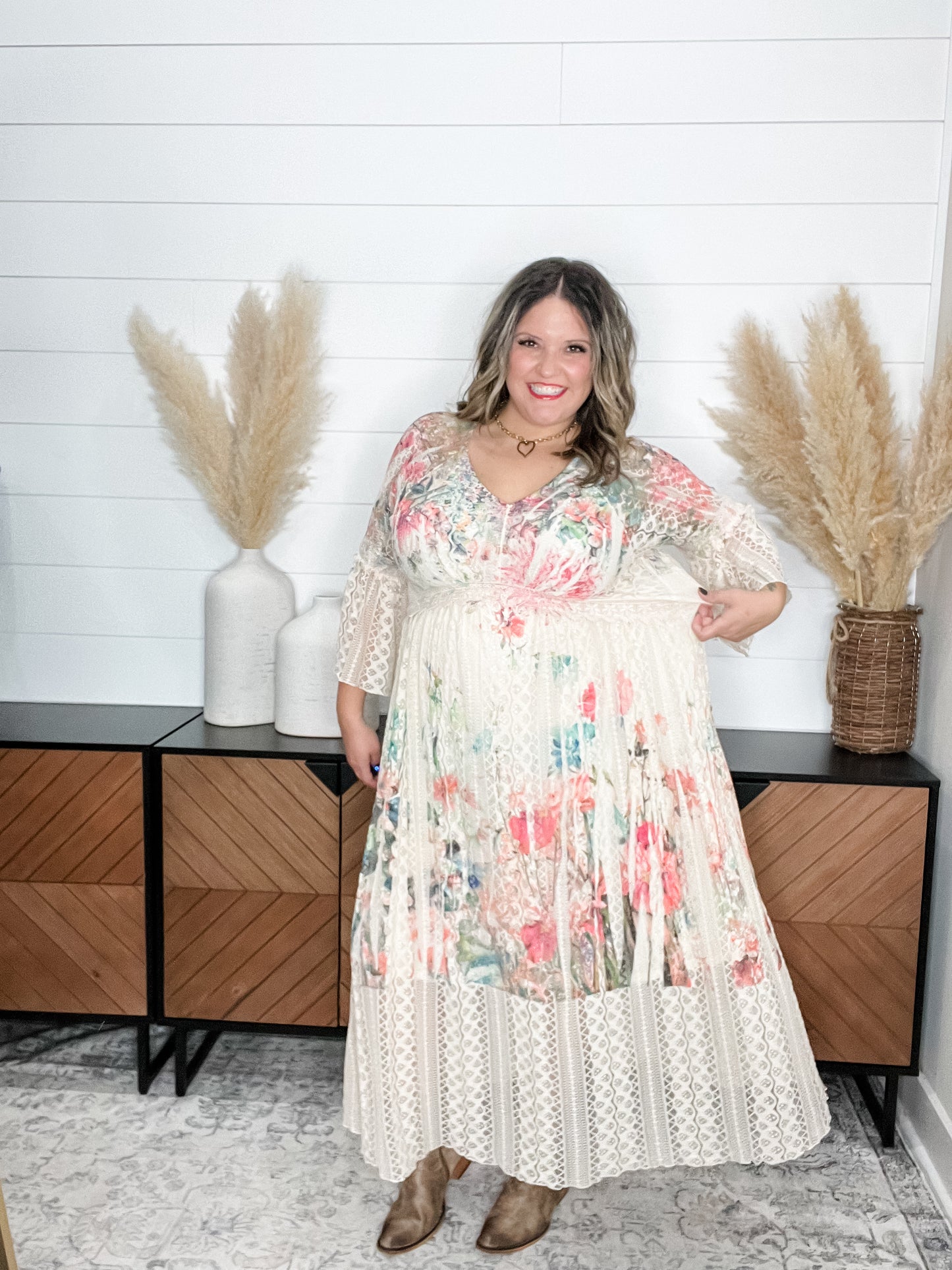 "Country In The Park" Long Sleeve V Neck Lace Maxi Dress