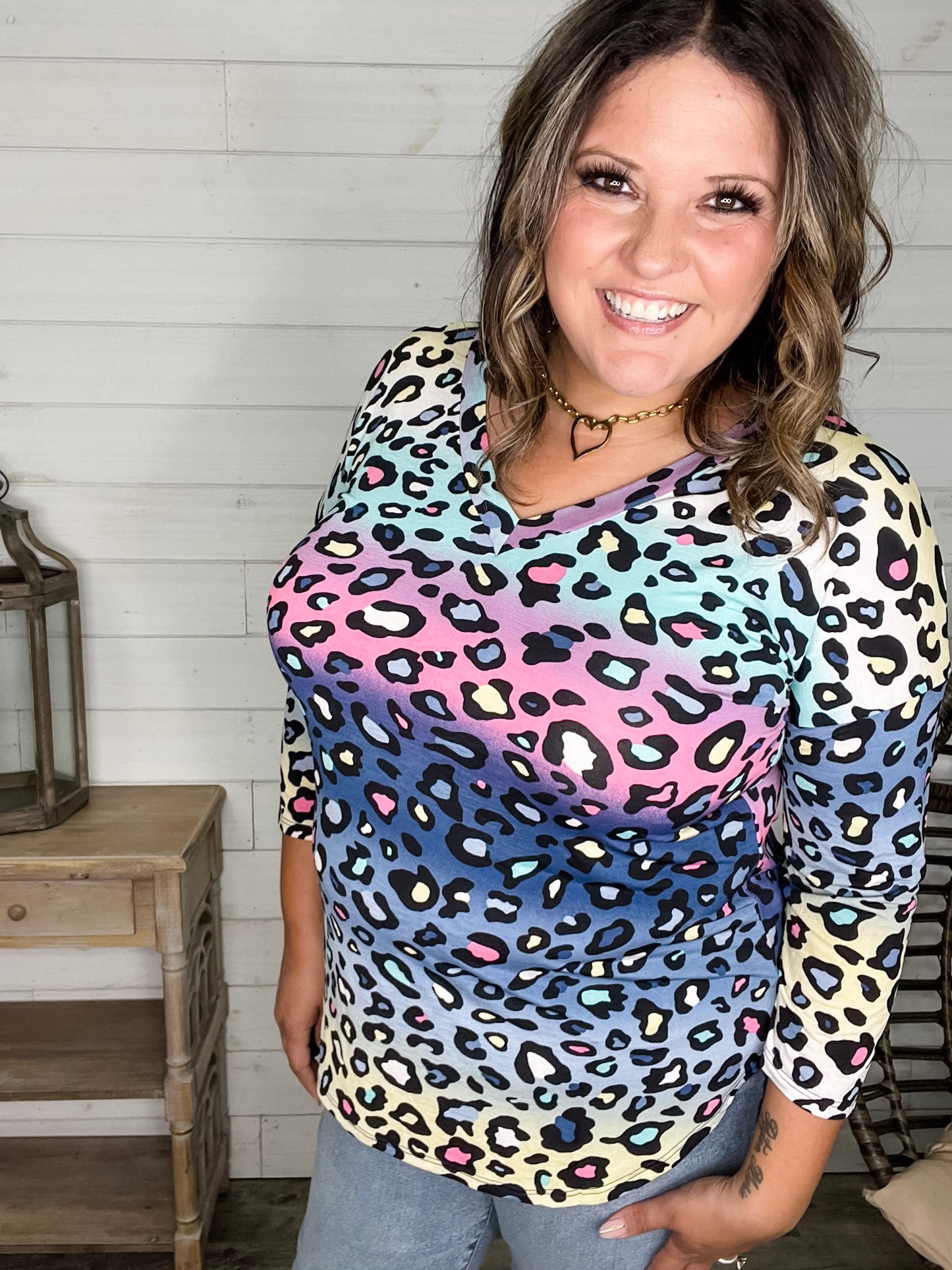 "Couldn't Help It" Animal Print 3/4 Sleeve V Neck