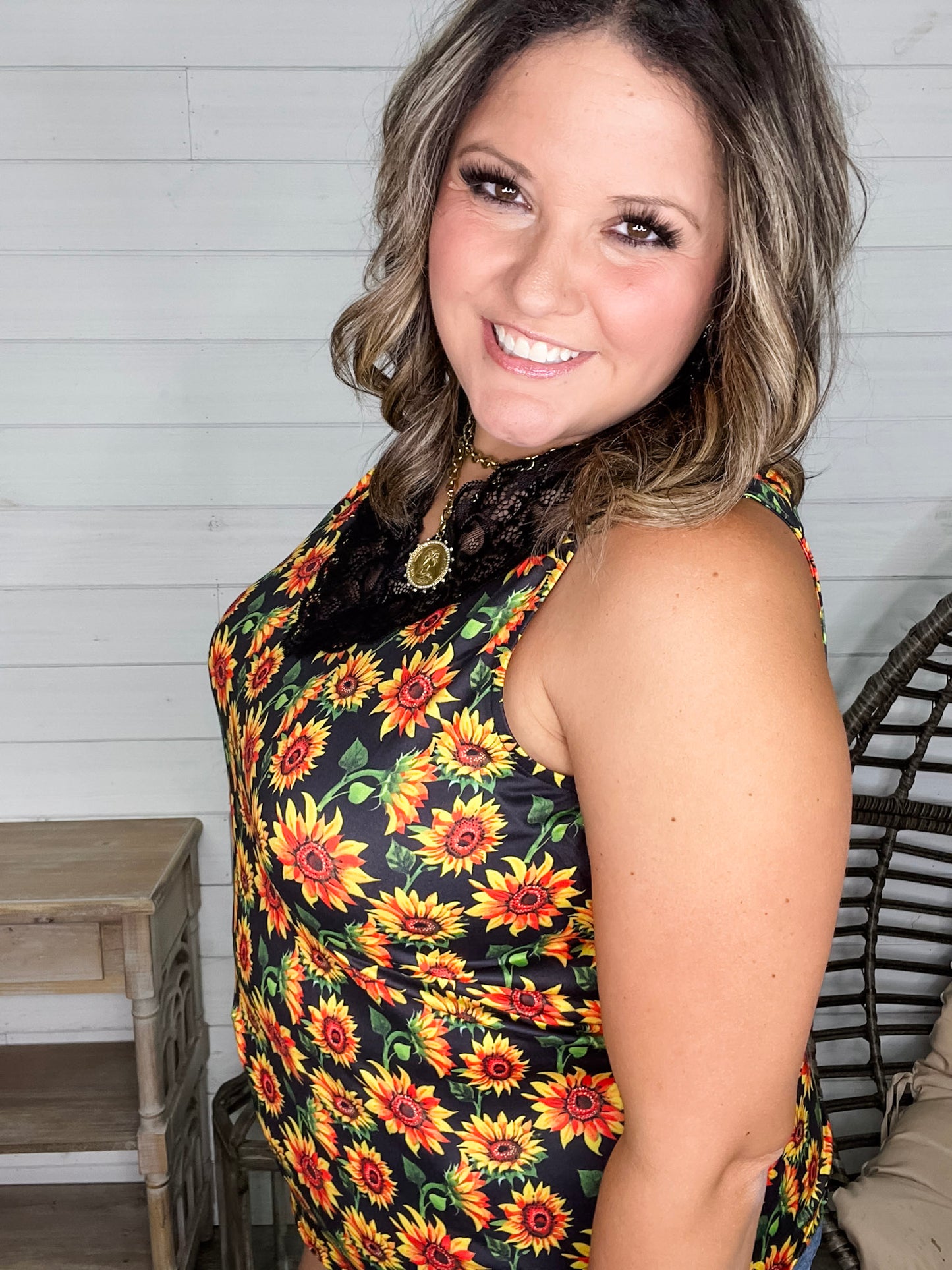 "I Am Happy" Sunflower Tank with Lace Detail