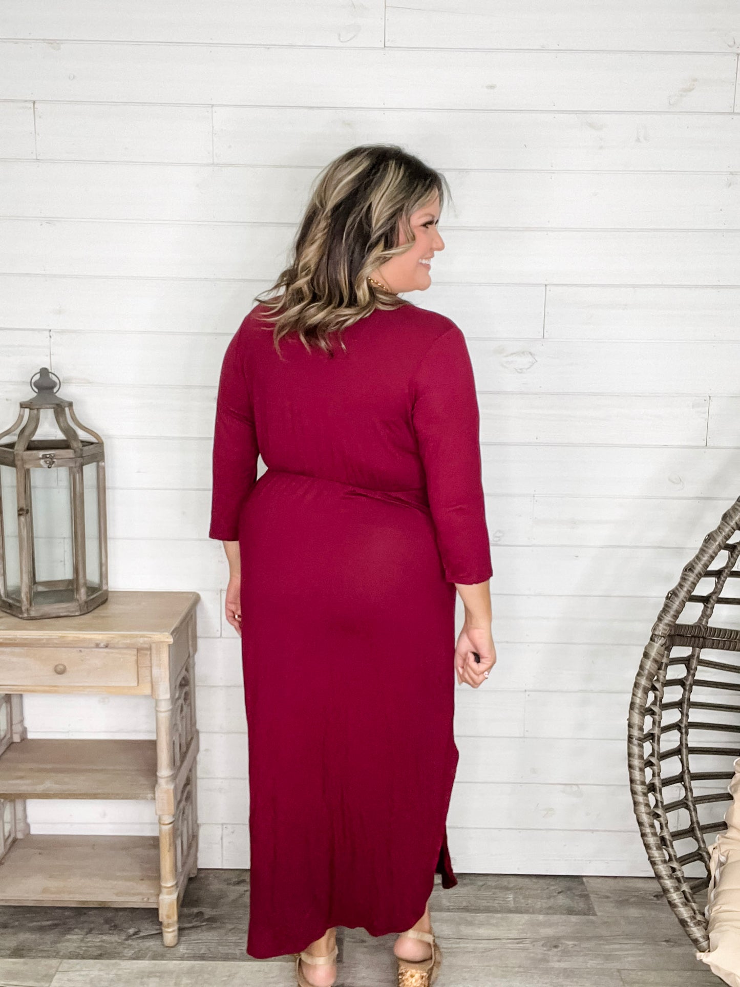 Solid 3/4 Sleeve Wrap Dress with Pockets (Burgundy)