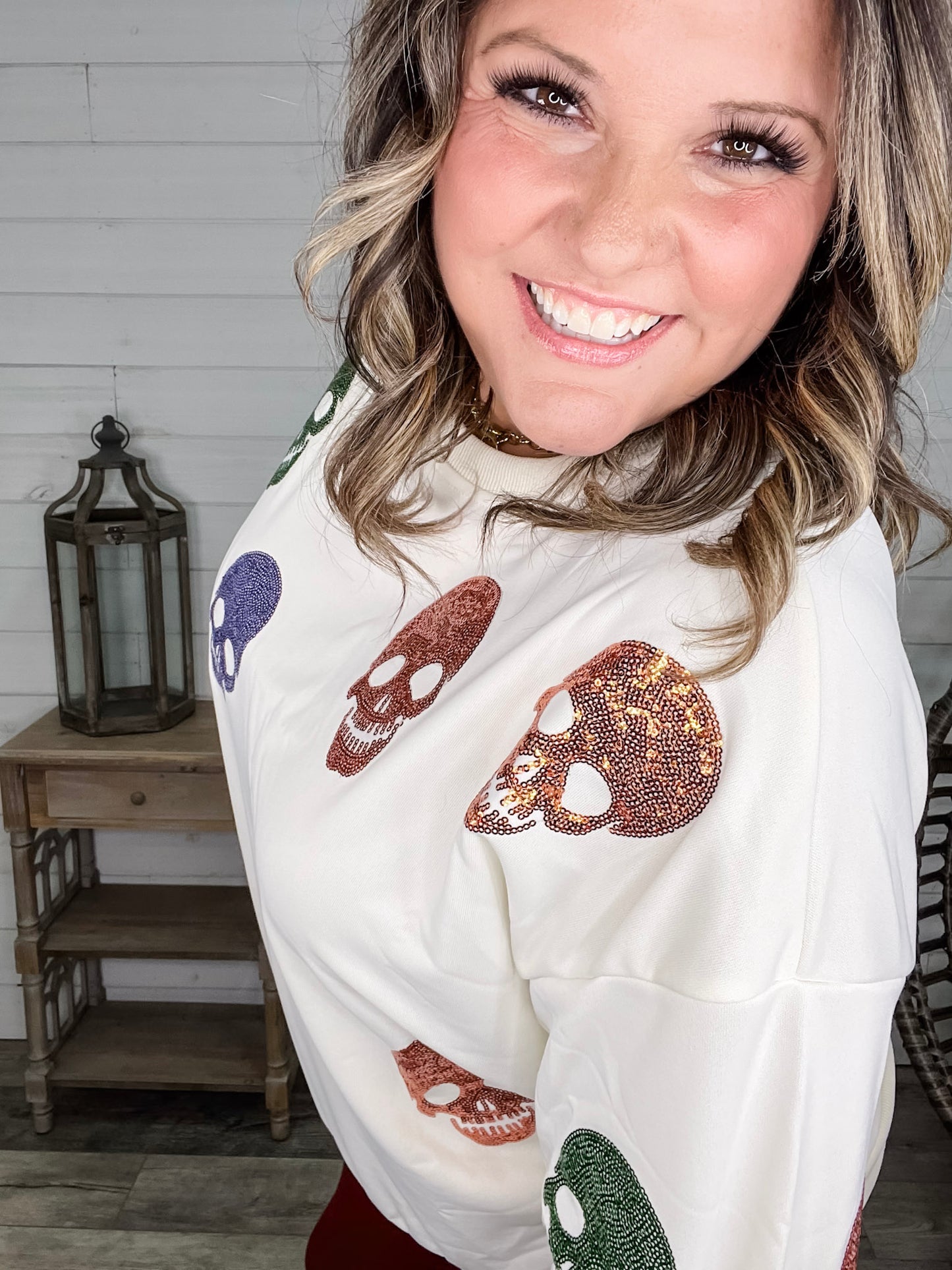 Sequin Skull Crewneck Long Sleeve