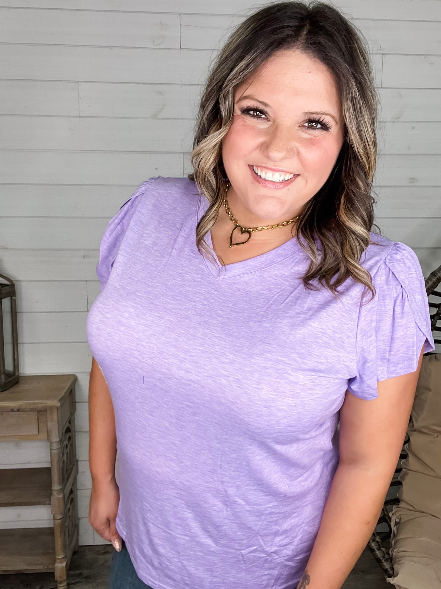 "Just The Beginning Chapter Two" Solid Tulip Sleeve V Neck (Lavender)