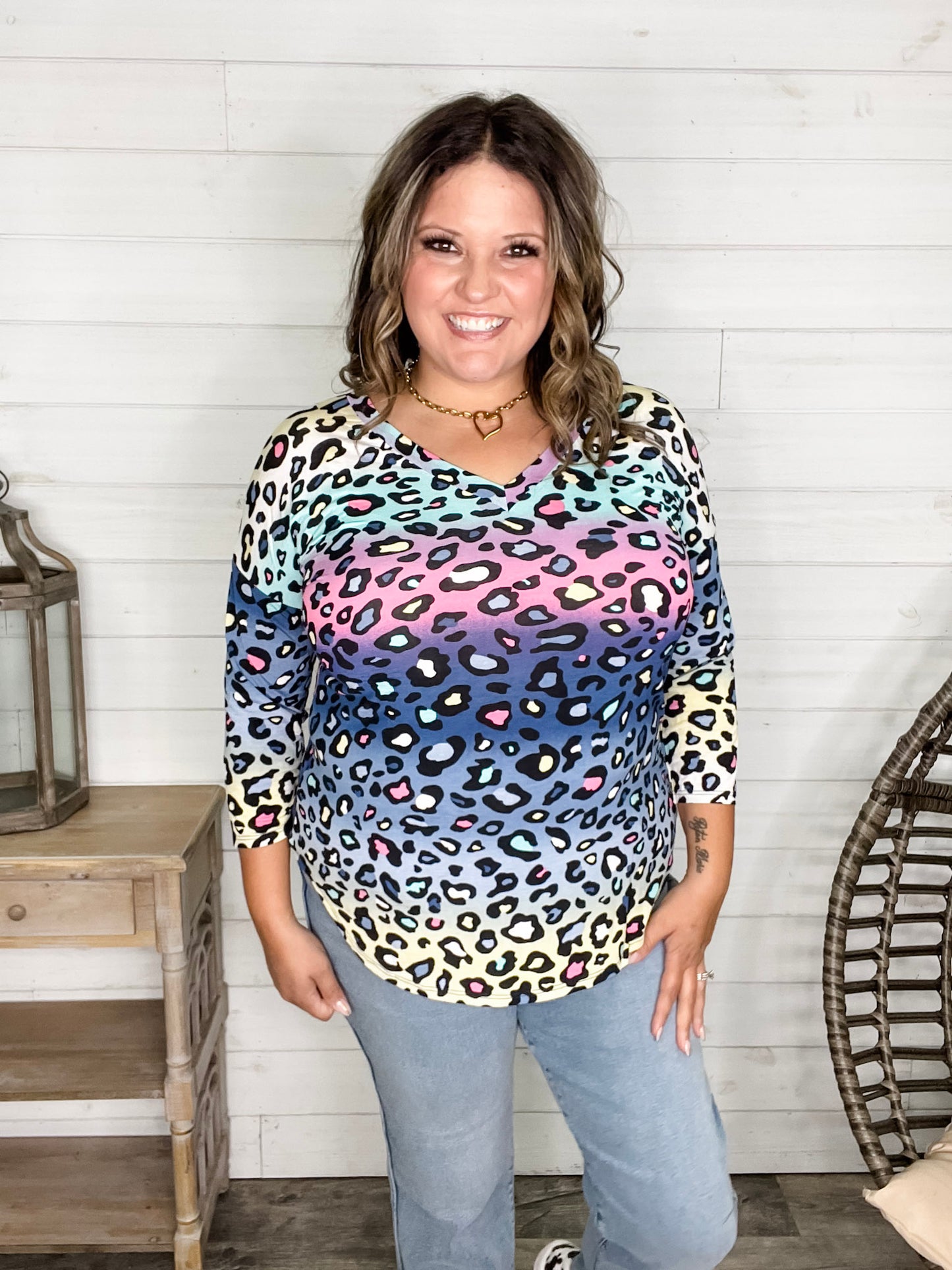 "Couldn't Help It" Animal Print 3/4 Sleeve V Neck