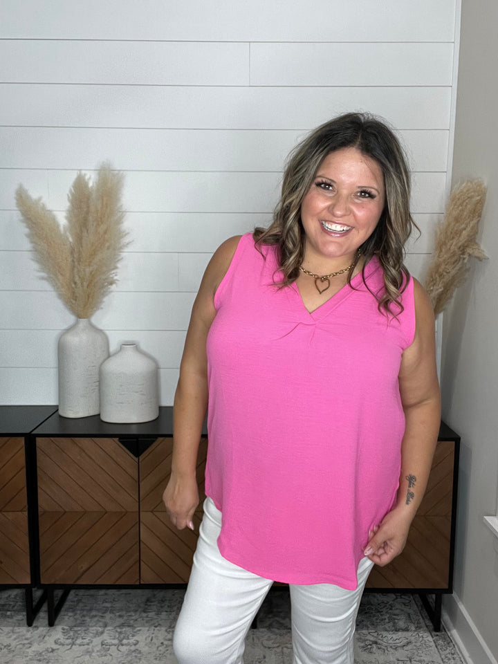 "Swanton" Deep V Tank with Front Pleat (Hot Pink)