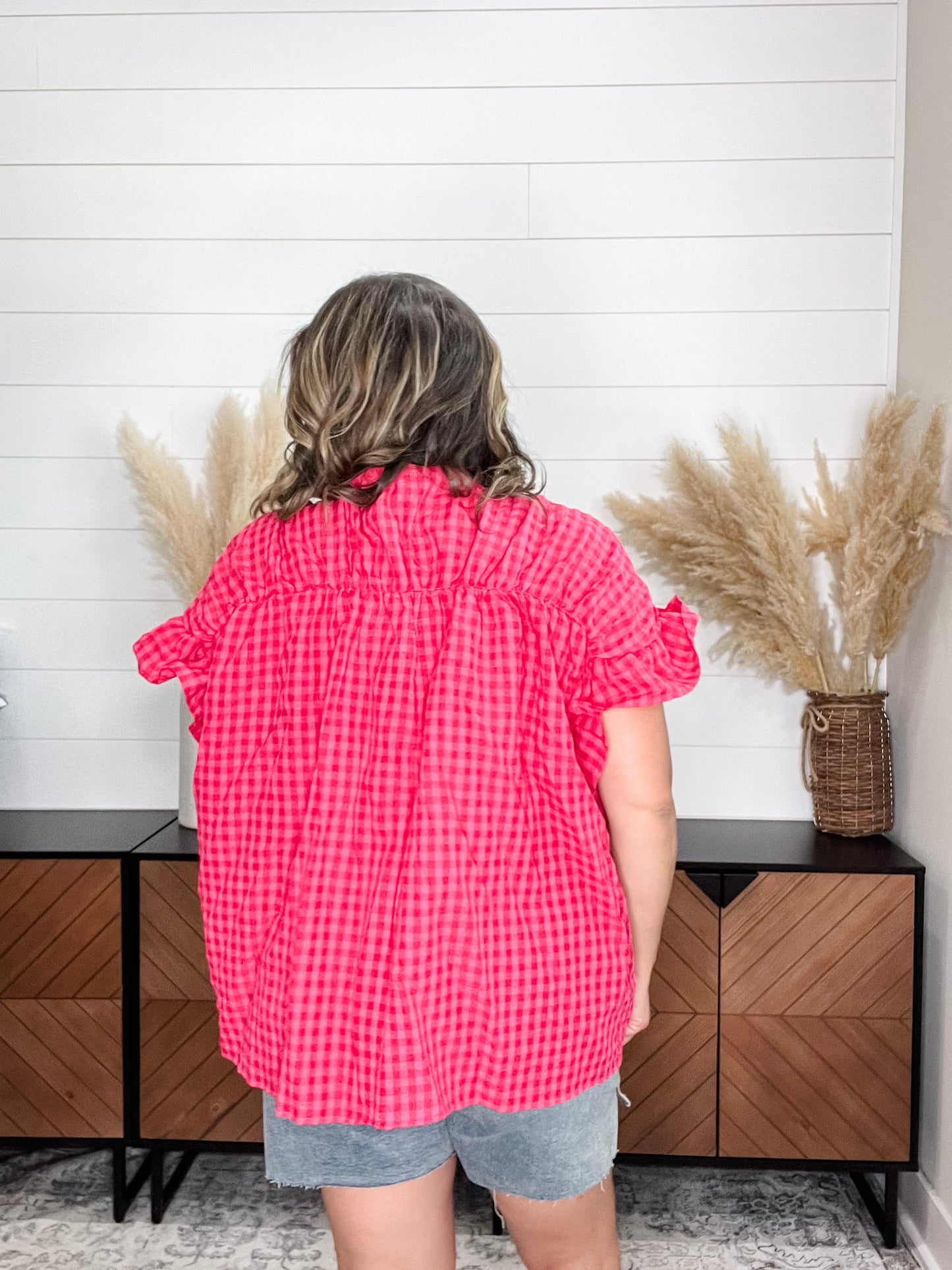"Picnic Style" Ruffle Short Sleeve Button Up