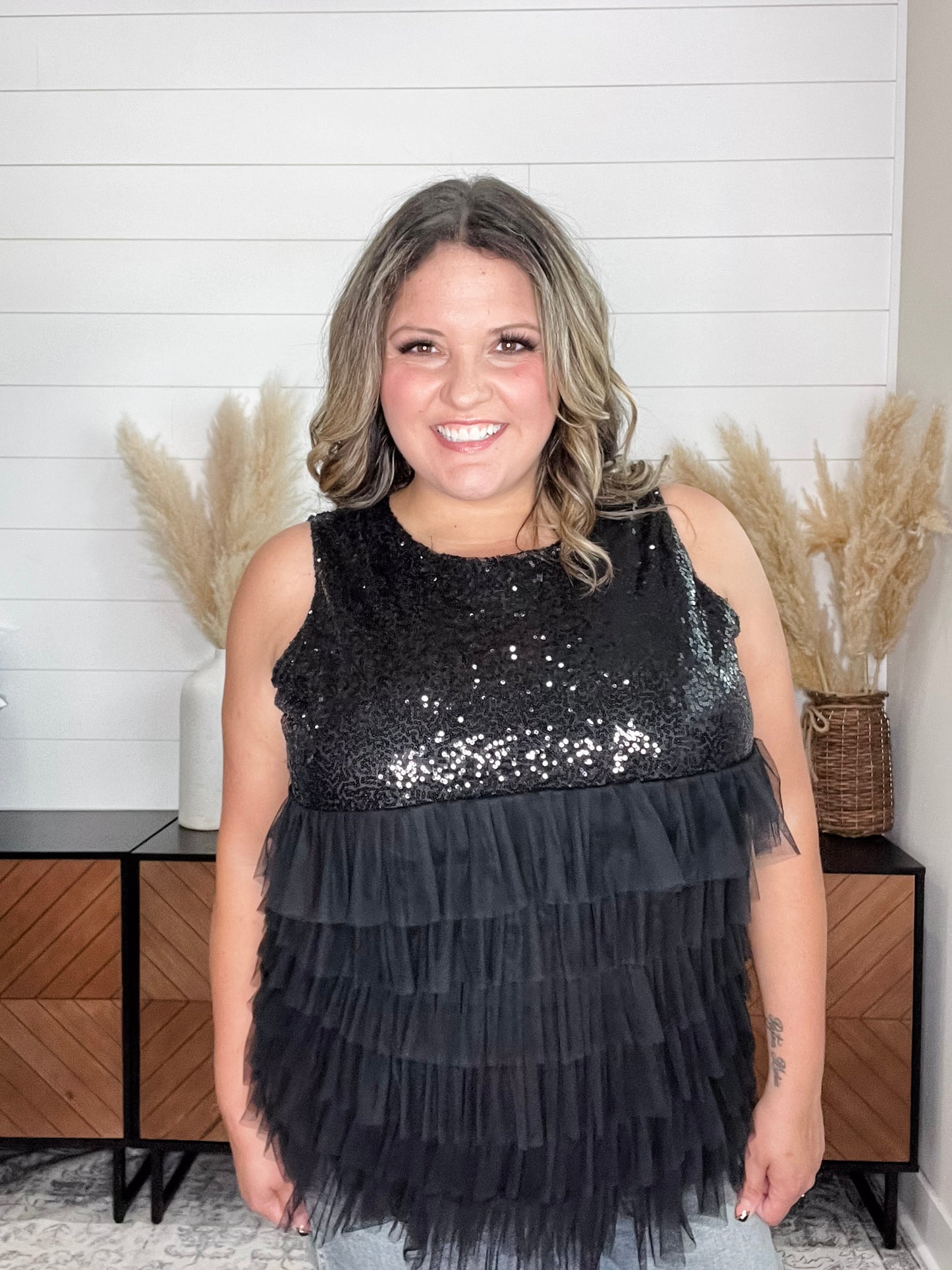 "On The Town" Sequined Ruffle Tank