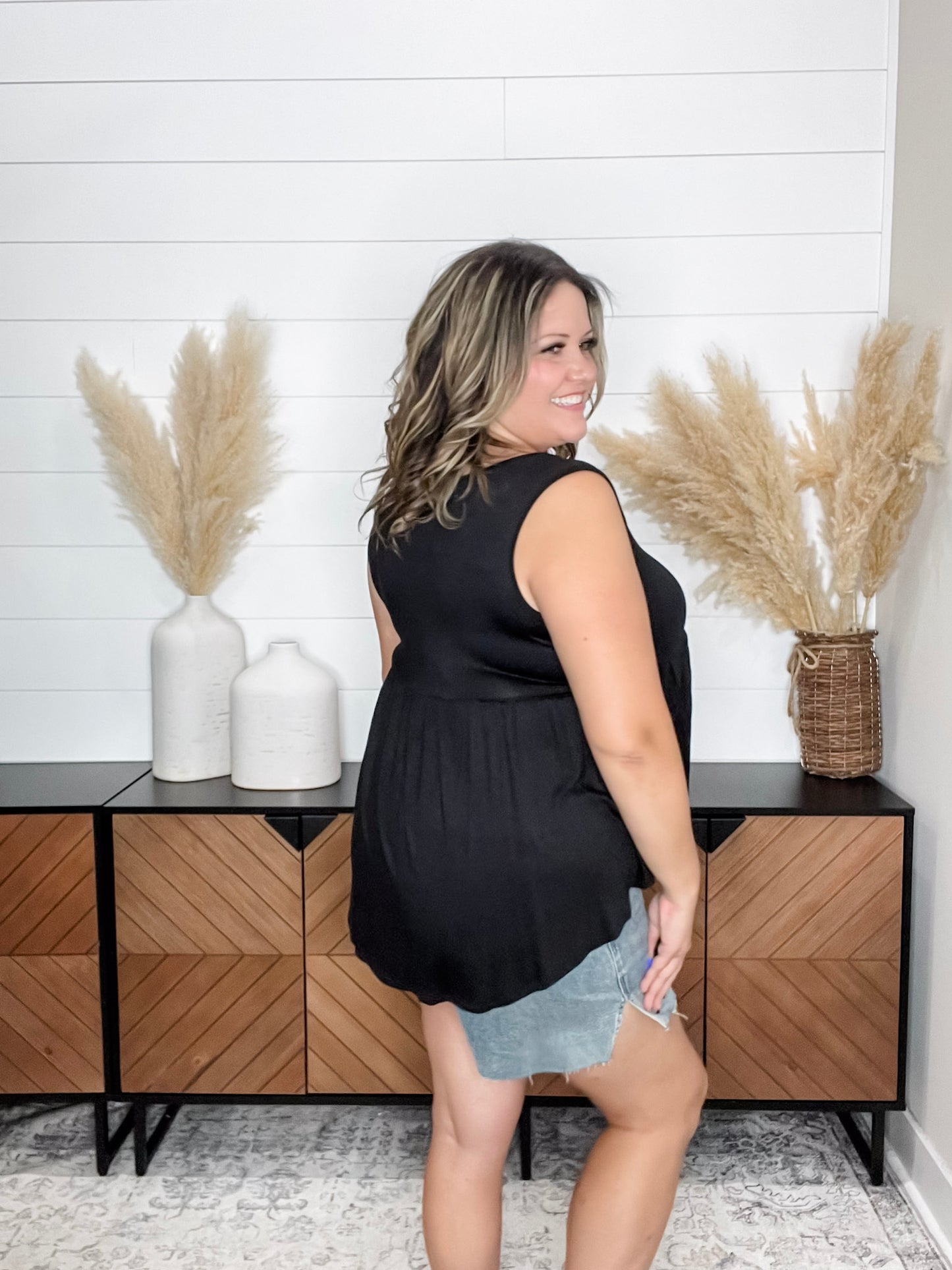 "Lottie" Babydoll V Neck Tank Top (Black)