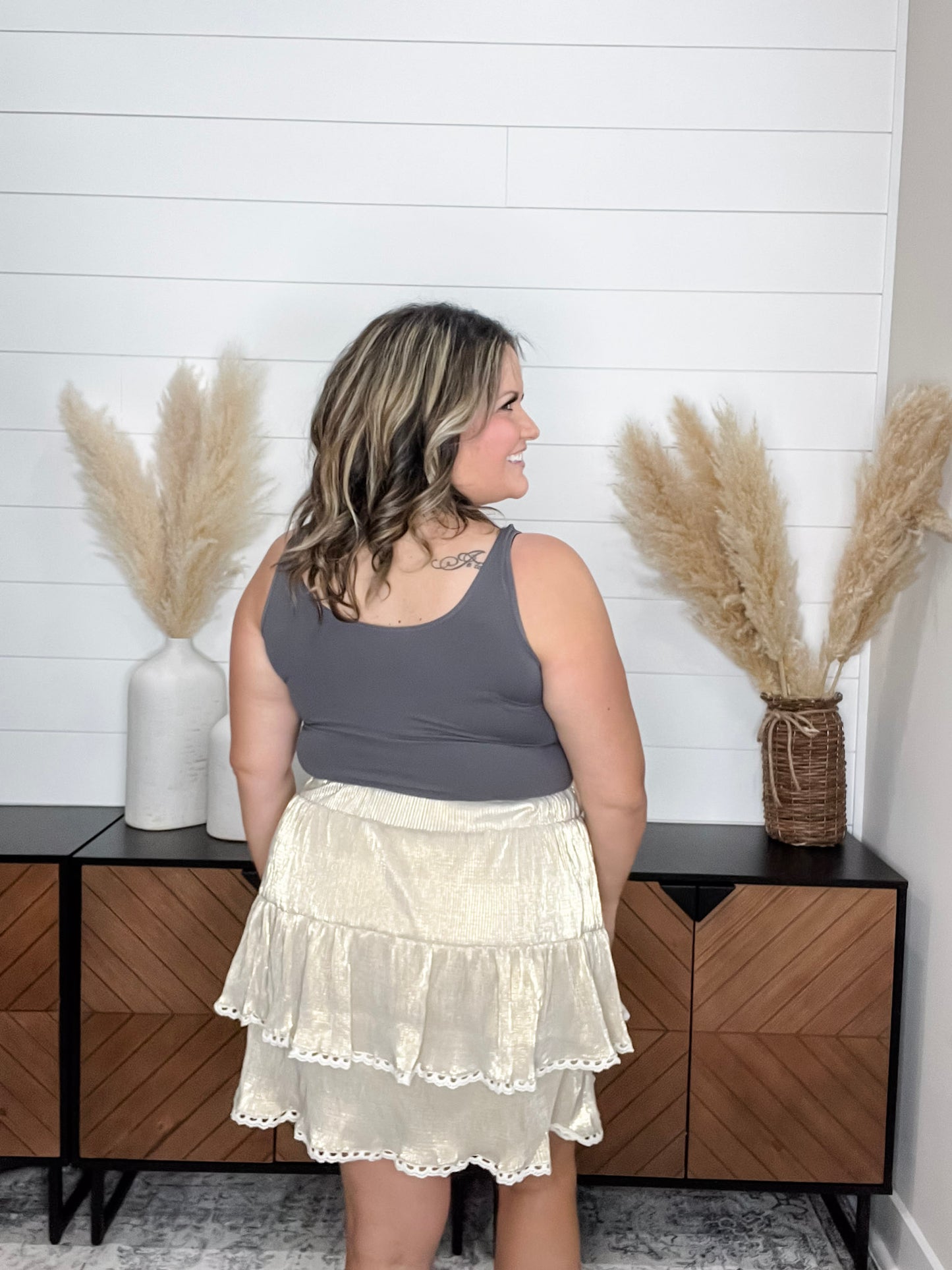 "Hamill" Ribbed Gold Foil Skirt with Built in Shorts