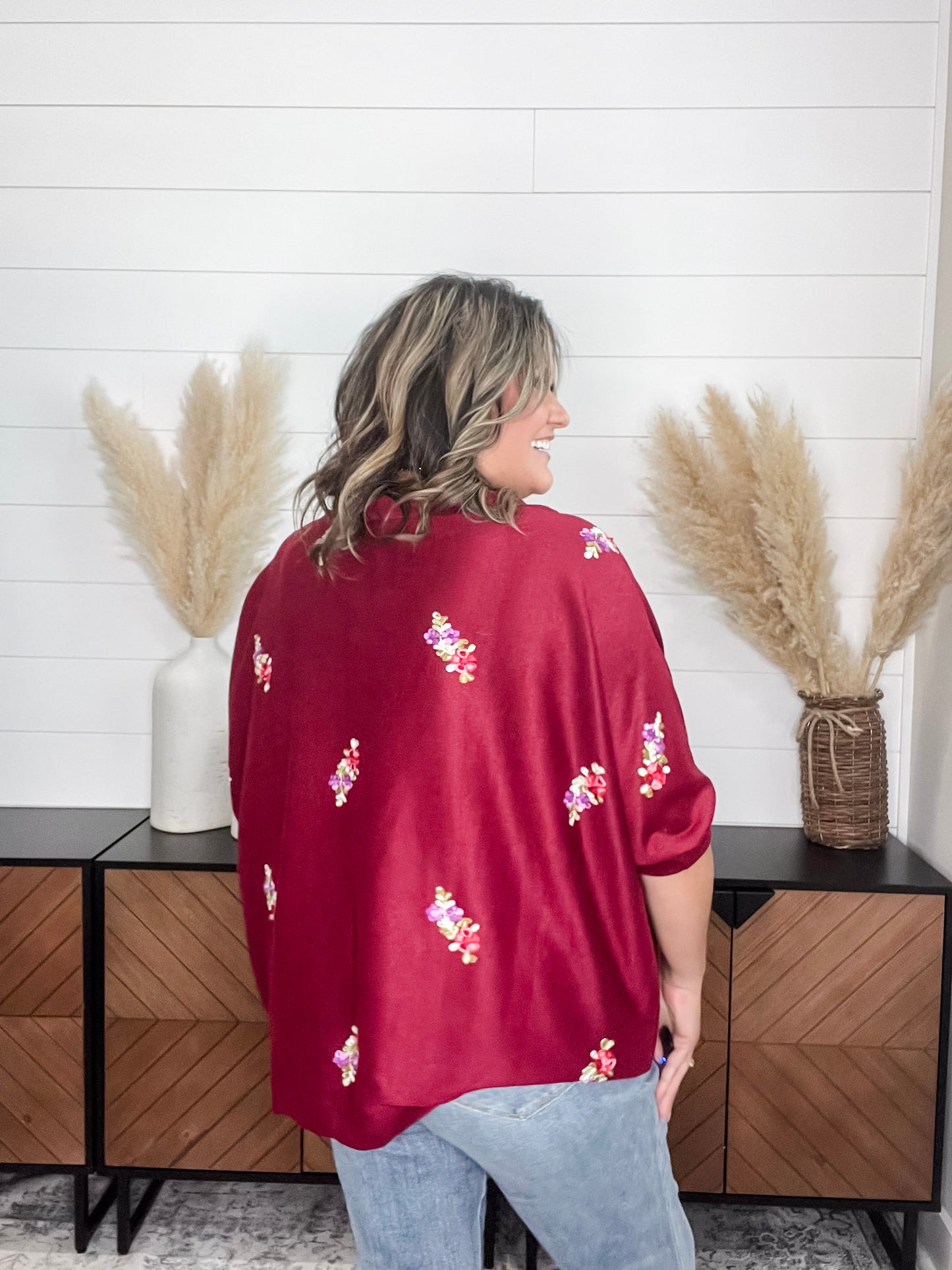 "Deceptive" Floral Embroidered Short Sleeve Dolman with Cuff and Collar (Wine)