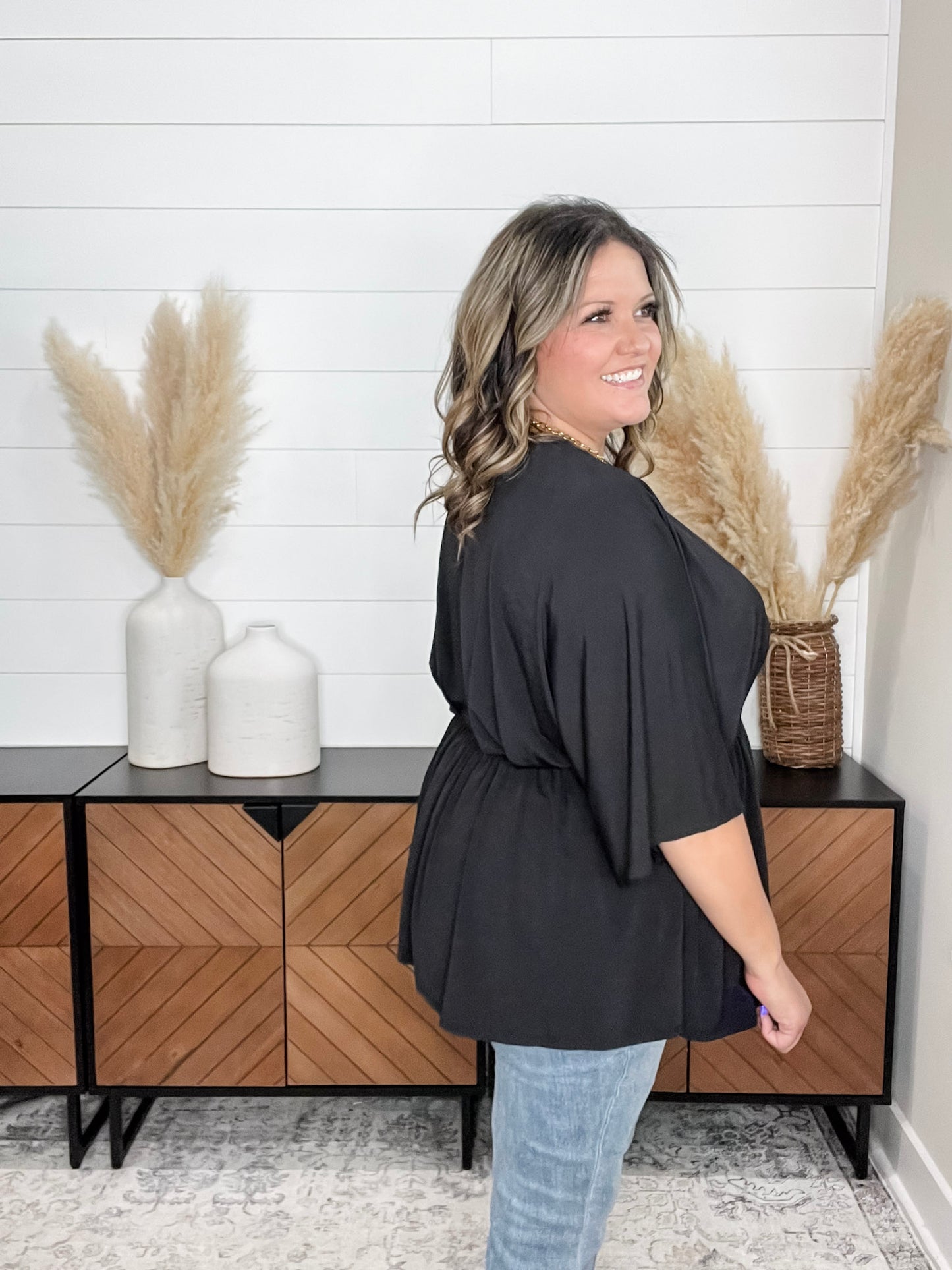 "Here We Go Again" V Neck 3/4 Bell Sleeve (Black)