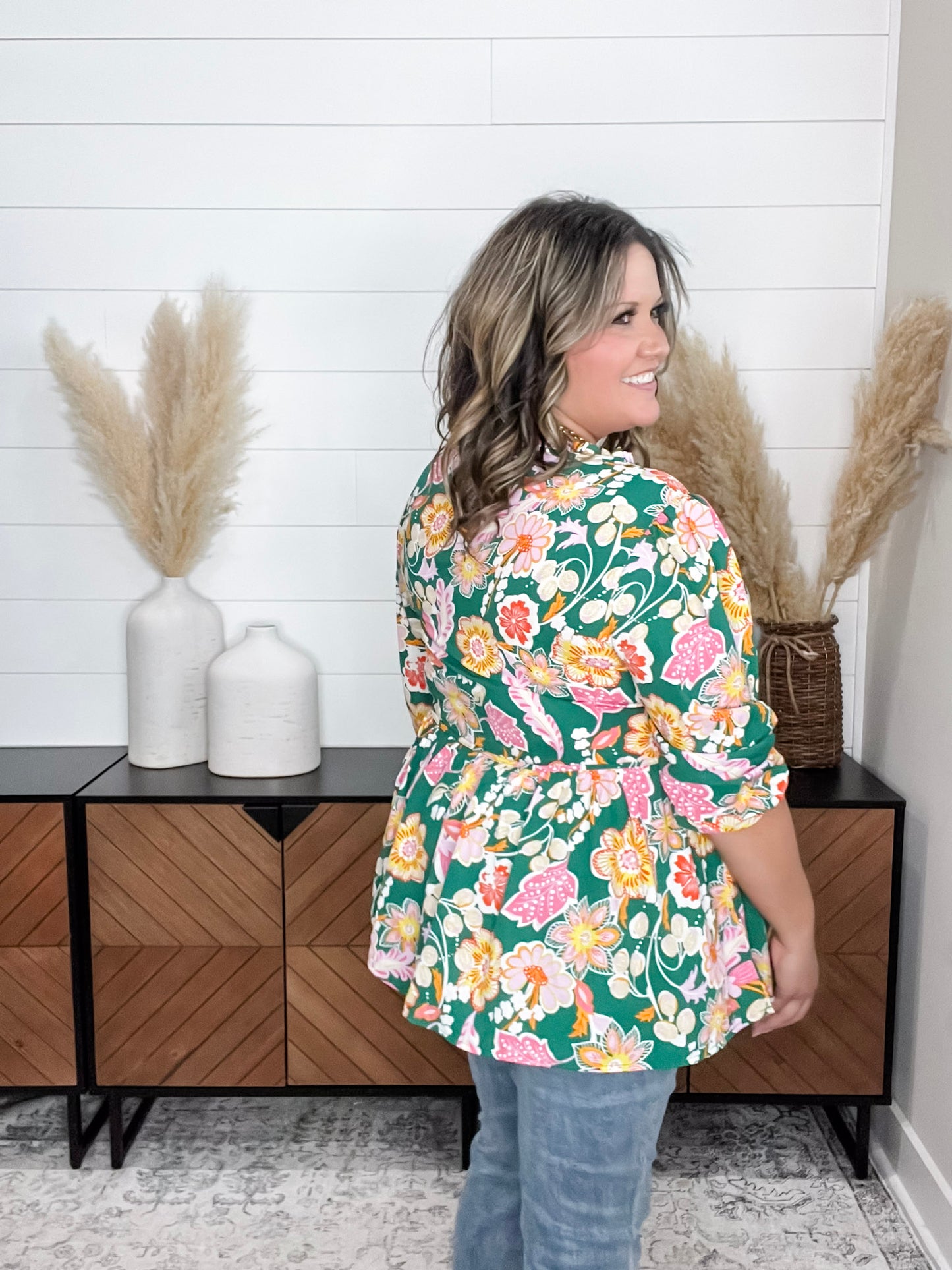 "Highland" 3/4 Sleeve Peplum with Front Tie
