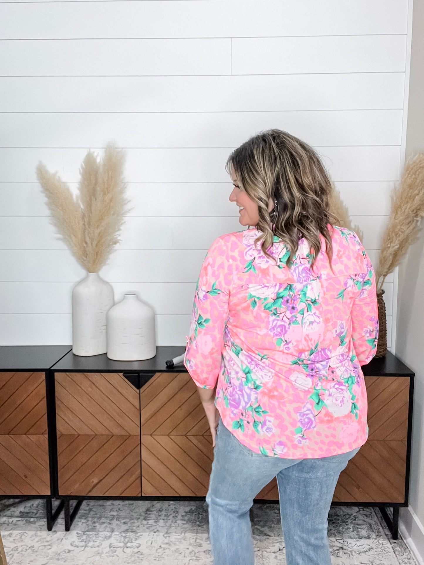 "Inclined" Floral 3/4 Sleeve Split Neck Tops