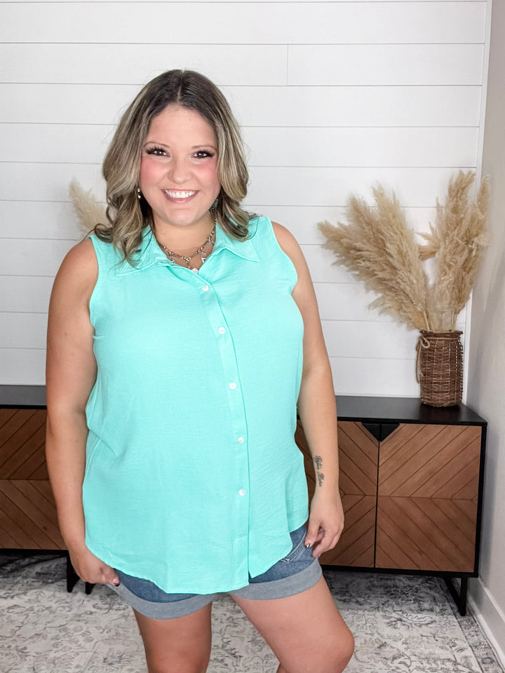 "Gibbs" Button Up Collared Tank (Aqua Mint)