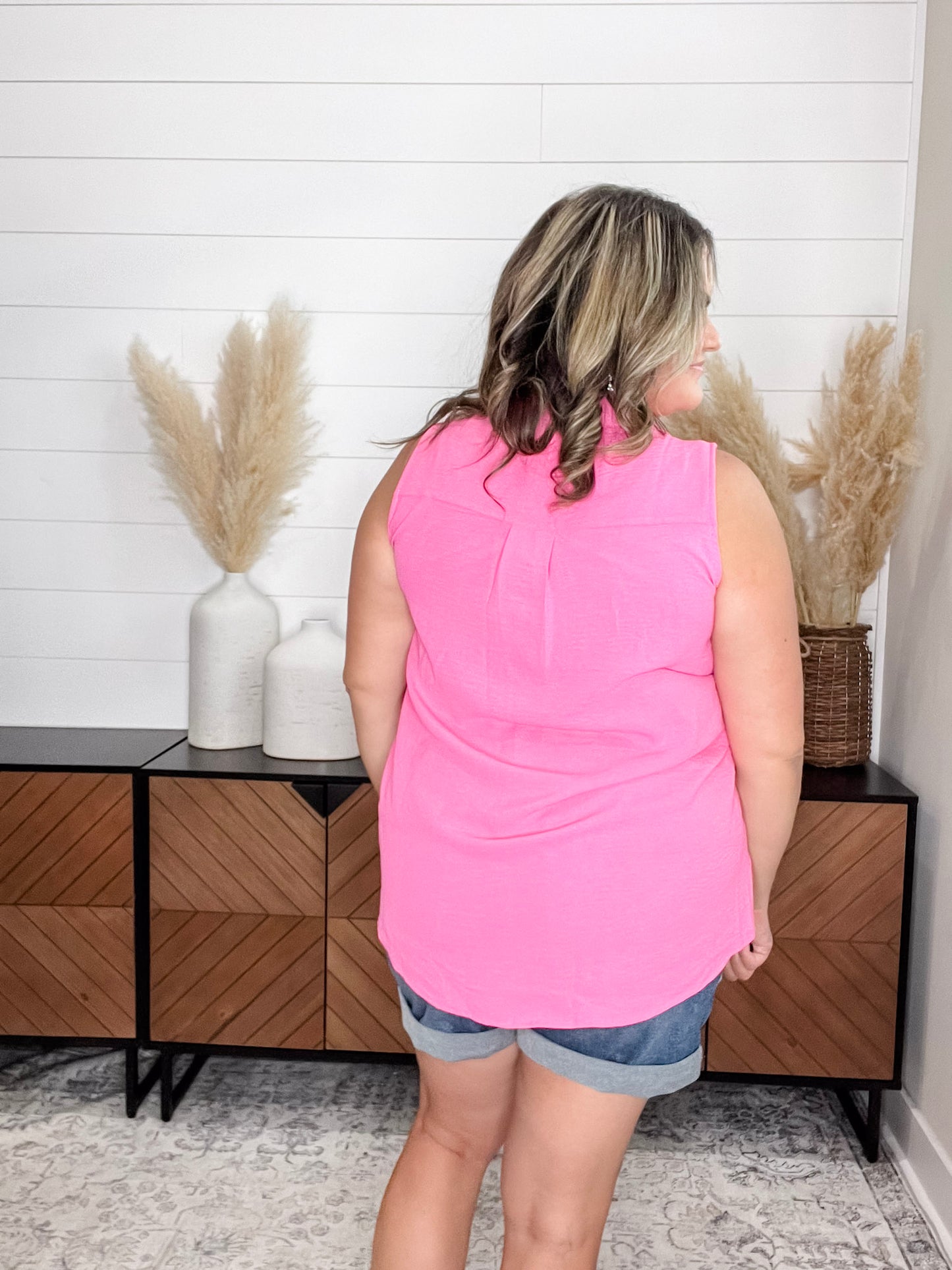 "Gibbs" Button Up Collared Tank (Hot Pink)