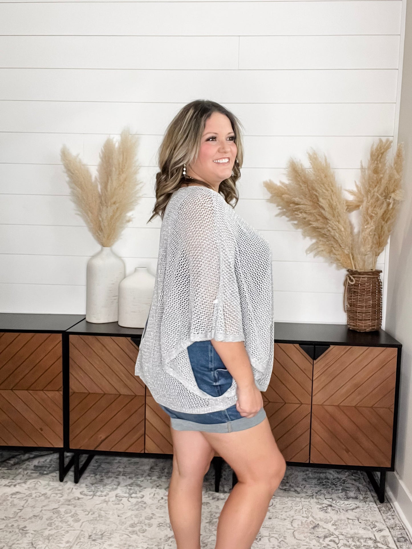 "Added Touch" Loose Knit Cover Up Top (Silver)