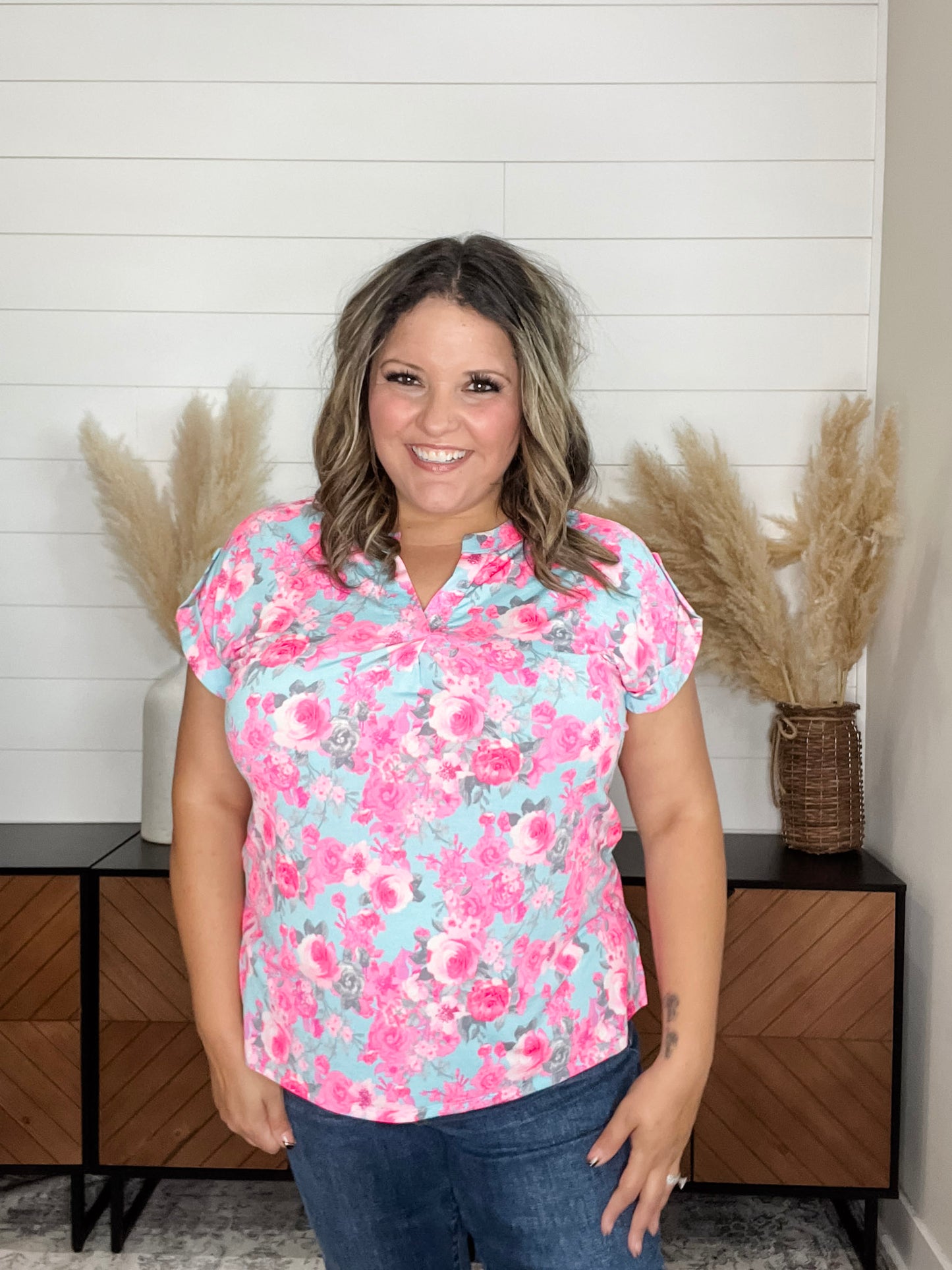 "Fletcher" Floral Split Neck Cuffed Short Sleeve