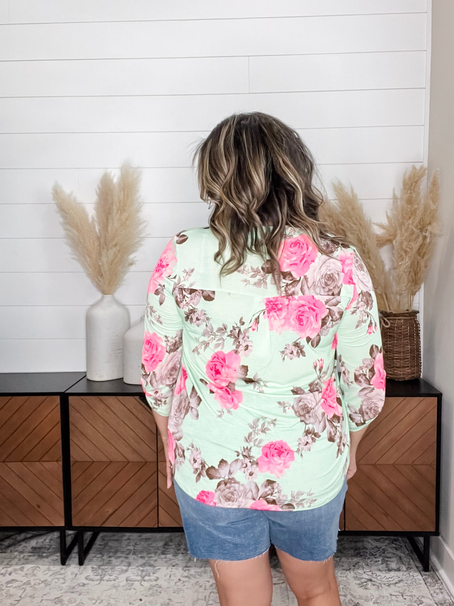 "Entrapment" Floral Lizzy 3/4 Sleeve Split Neck Tops