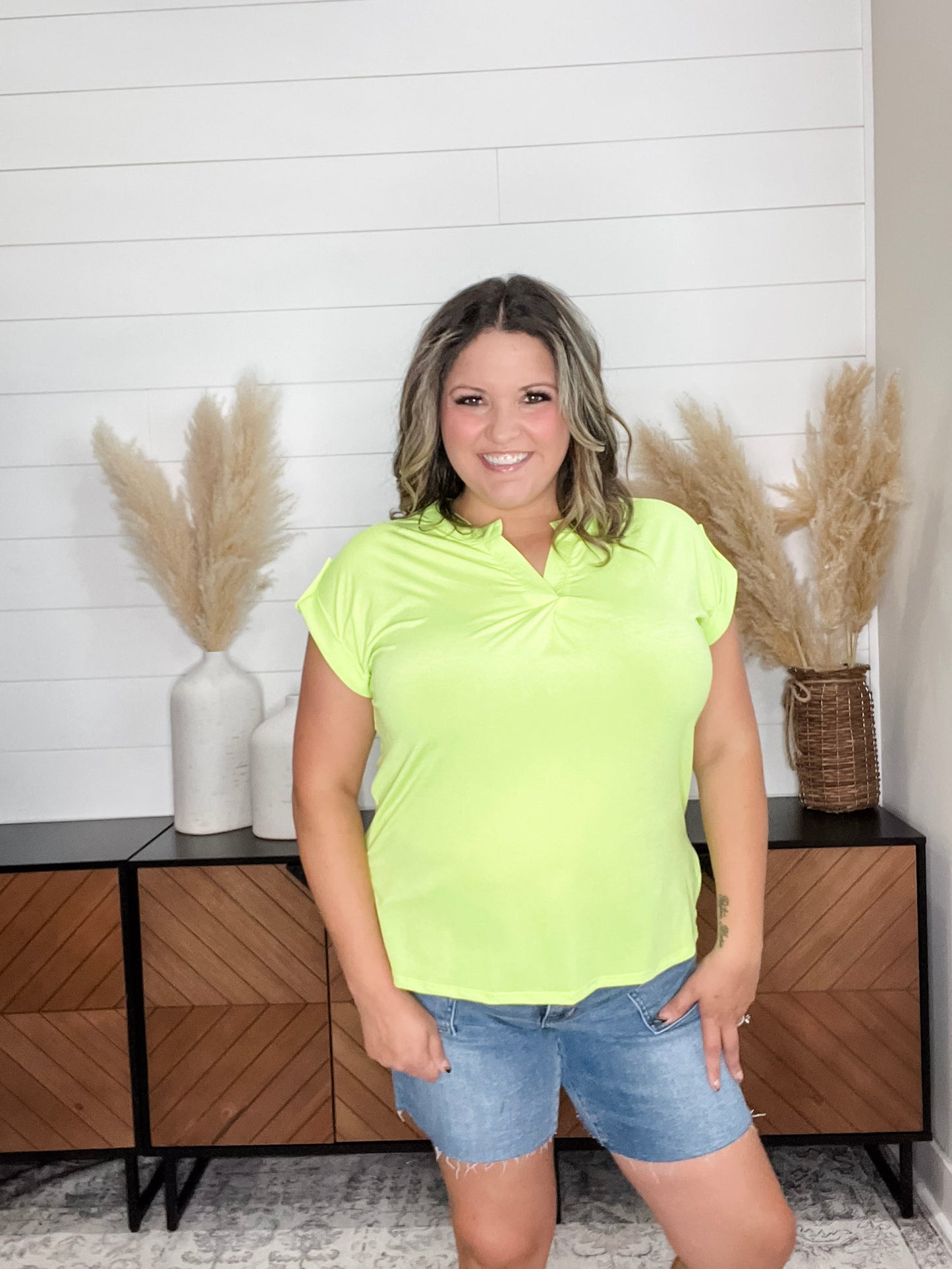 "Dare" Solid Split Neck Cuffed Short Sleeve (Neon Green)