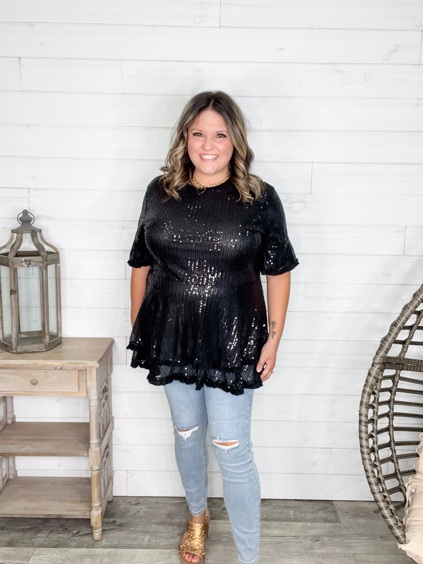 "Caught A Glimpse" Sequined Ruffle Hem and Sleeve (Black)