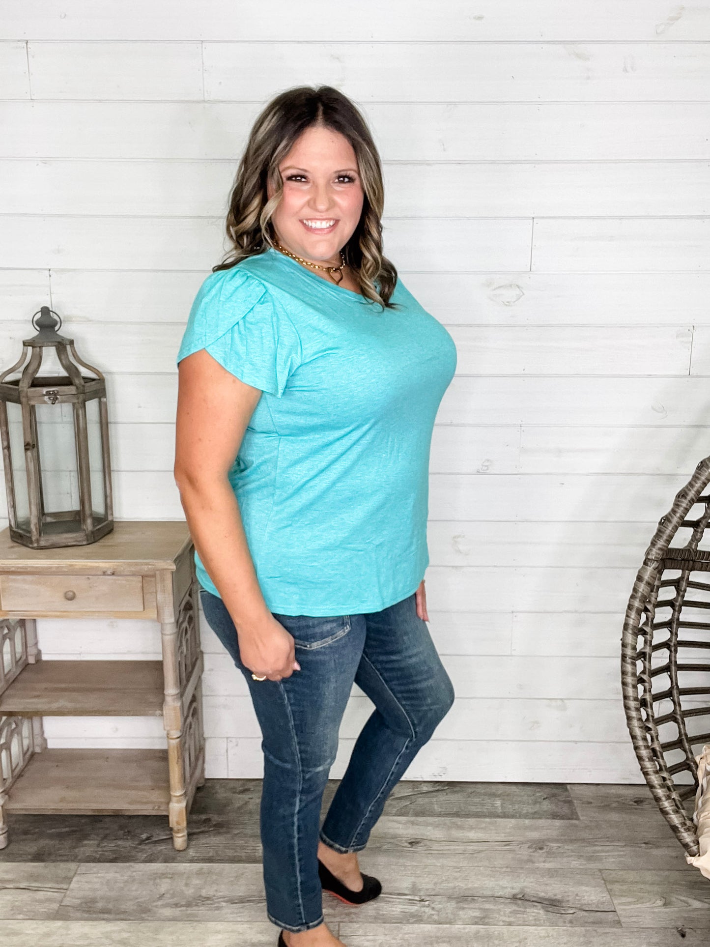 "Just The Beginning Chapter Two" Solid Tulip Sleeve V Neck (Turquoise)