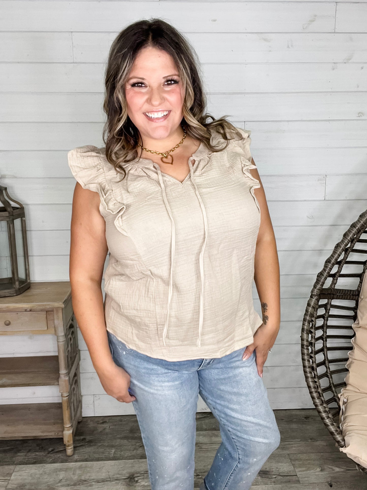 "Wheatland" Ruffle Cap V Neck with Tie Detail (Taupe)