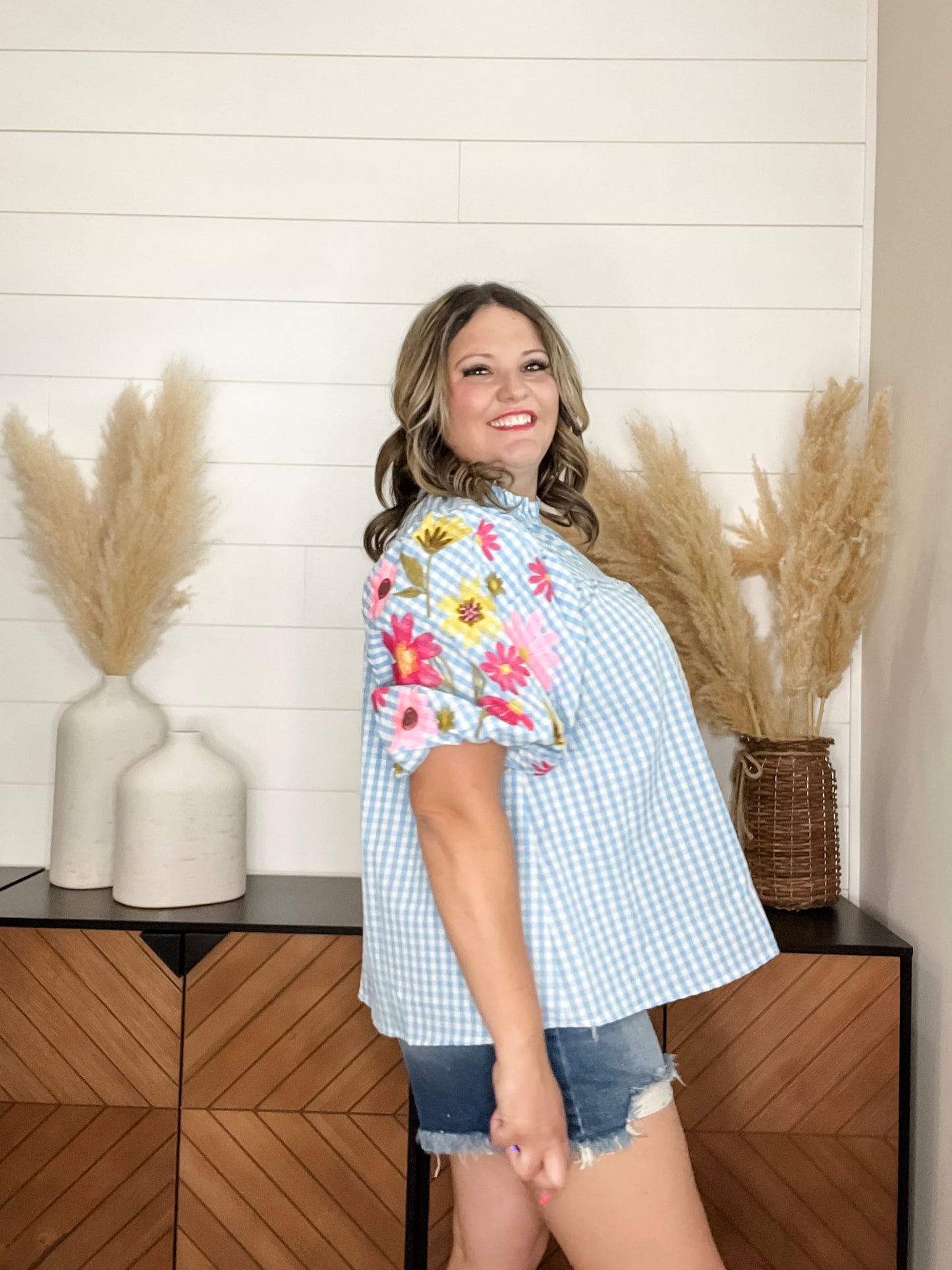 "Becker" Gingham Embroidered Bubble Sleeve