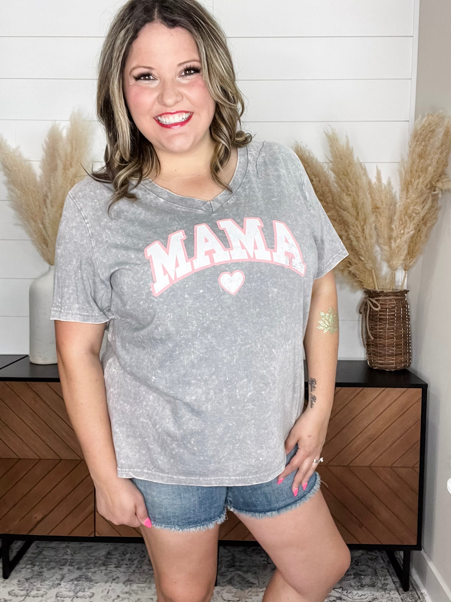 Mineral Wash "Mama" Graphic V Neck Tee