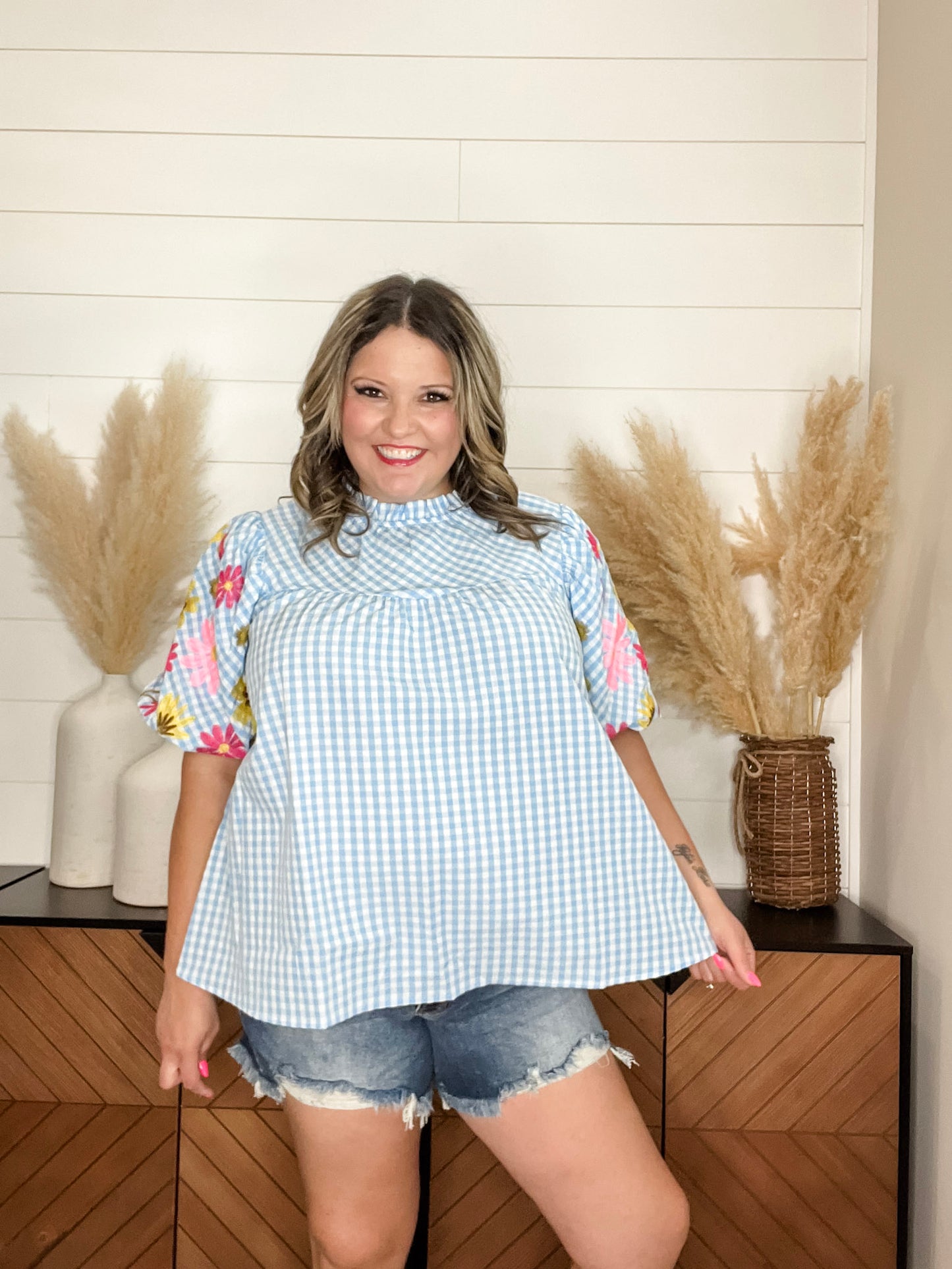 "Becker" Gingham Embroidered Bubble Sleeve