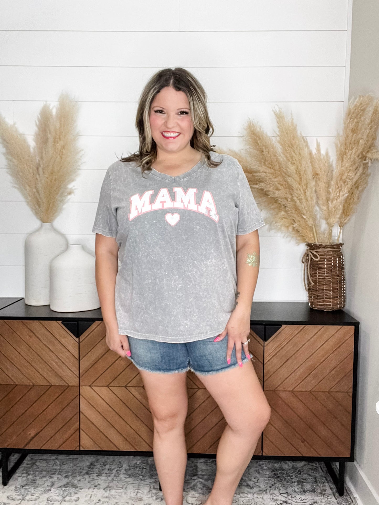 Mineral Wash "Mama" Graphic V Neck Tee